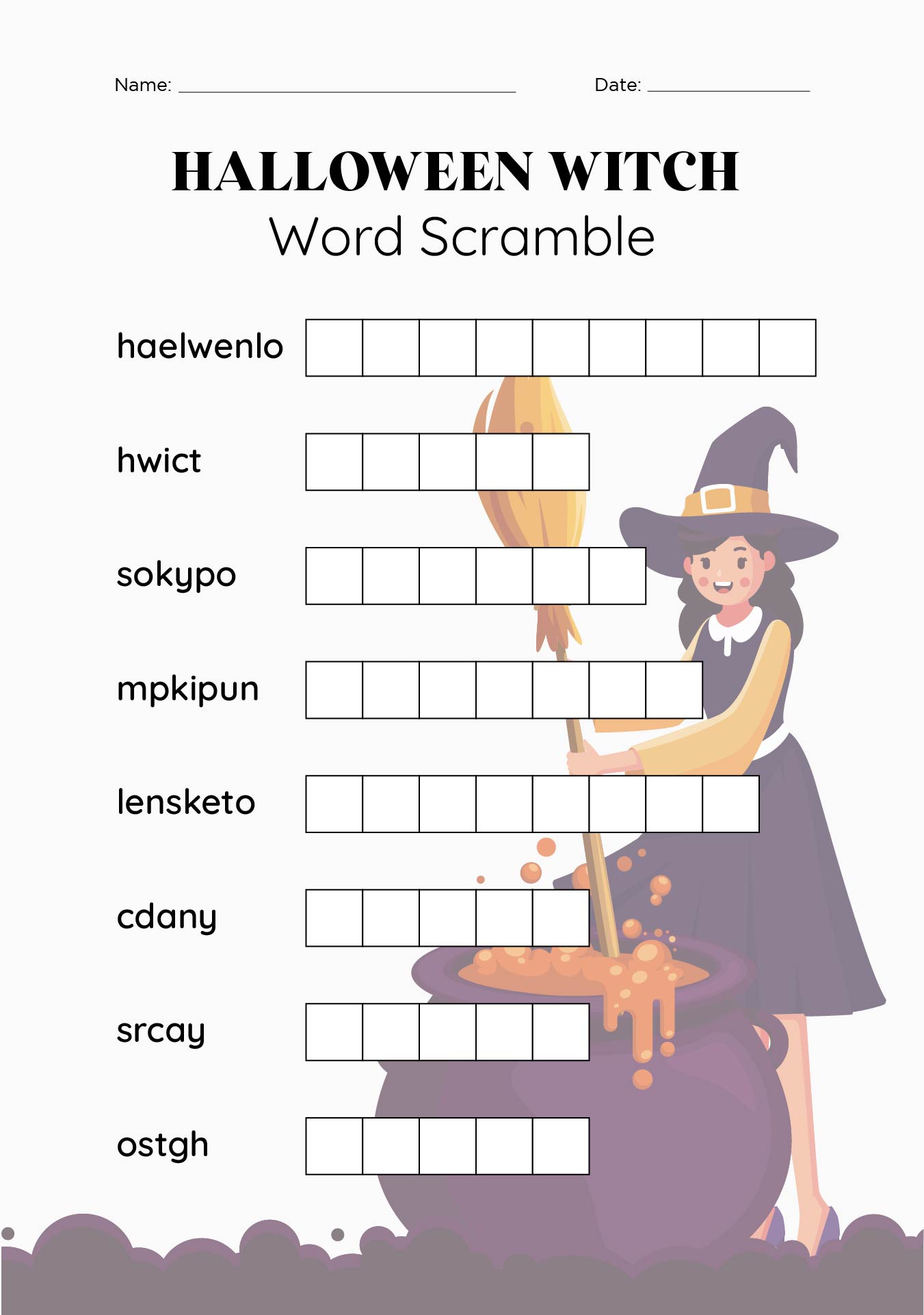 Printable Halloween Witch Word Scramble For Kids