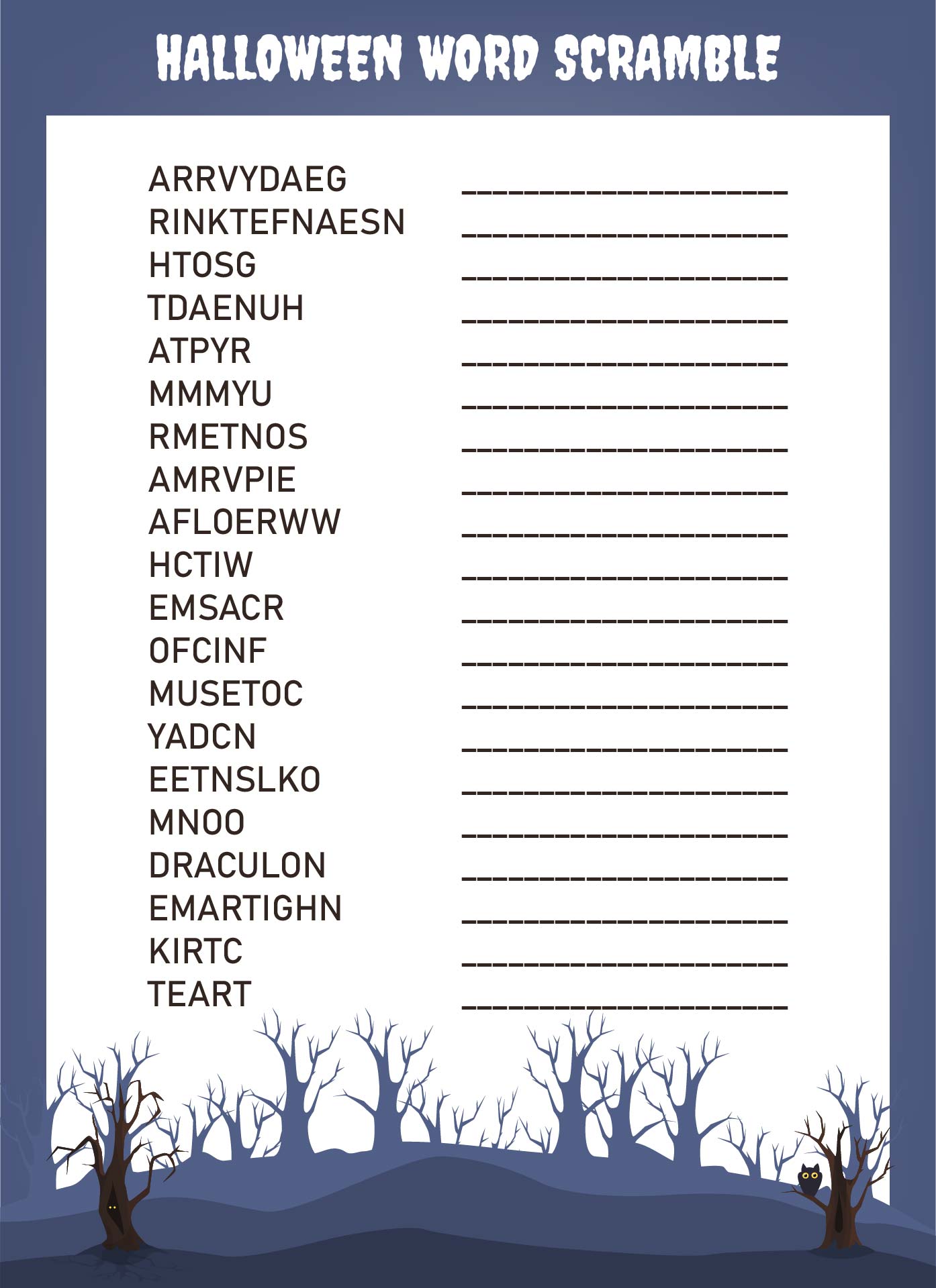 Printable Halloween Word Scramble Worksheet