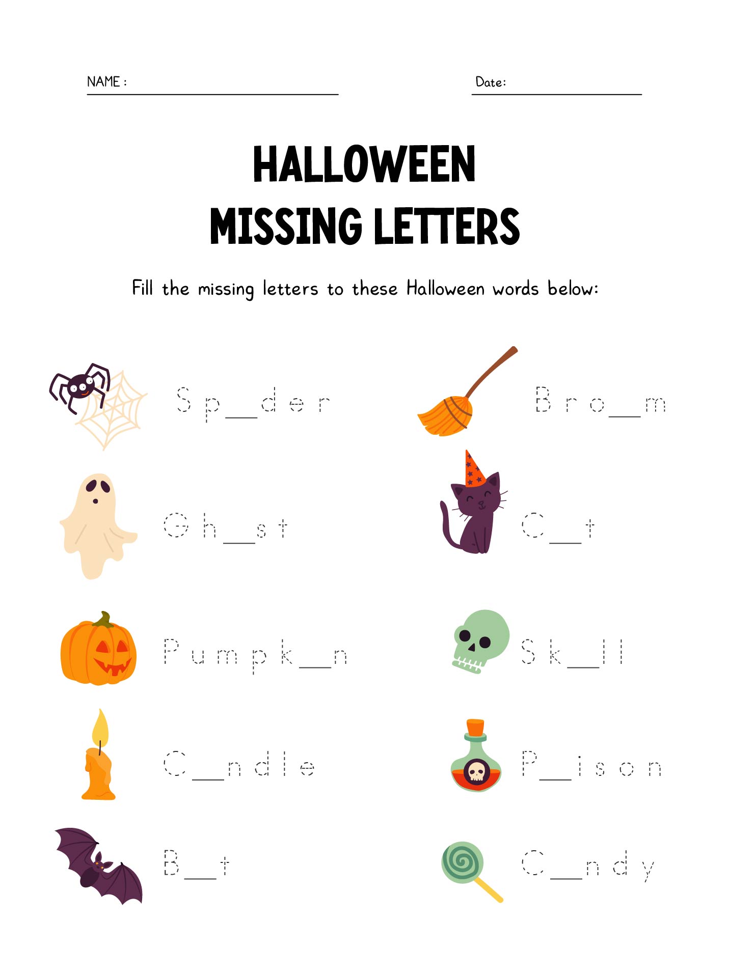 Printable Halloween Worksheets Fill In The Missing Vowels