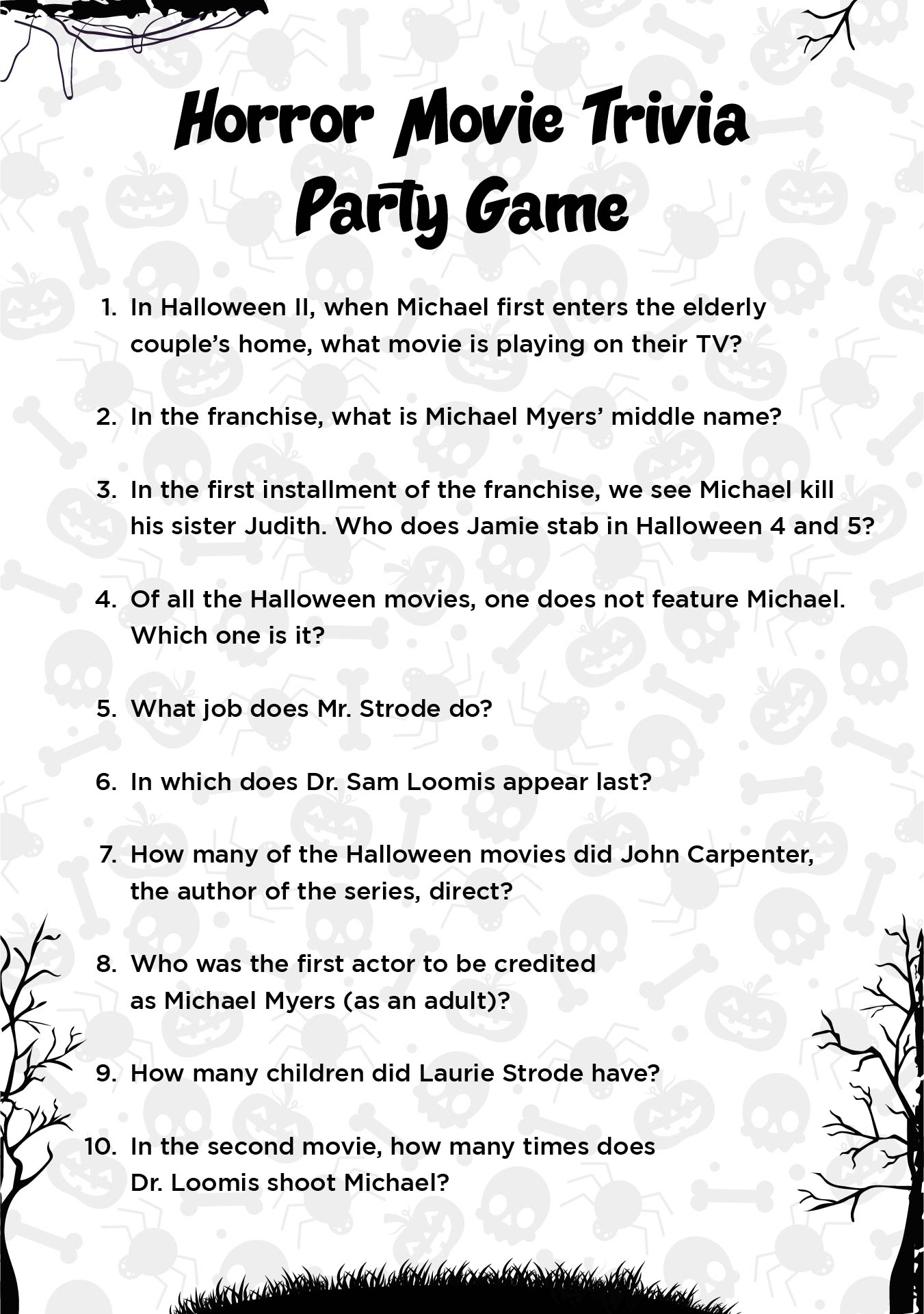 Printable Horror Movie Trivia Party Game