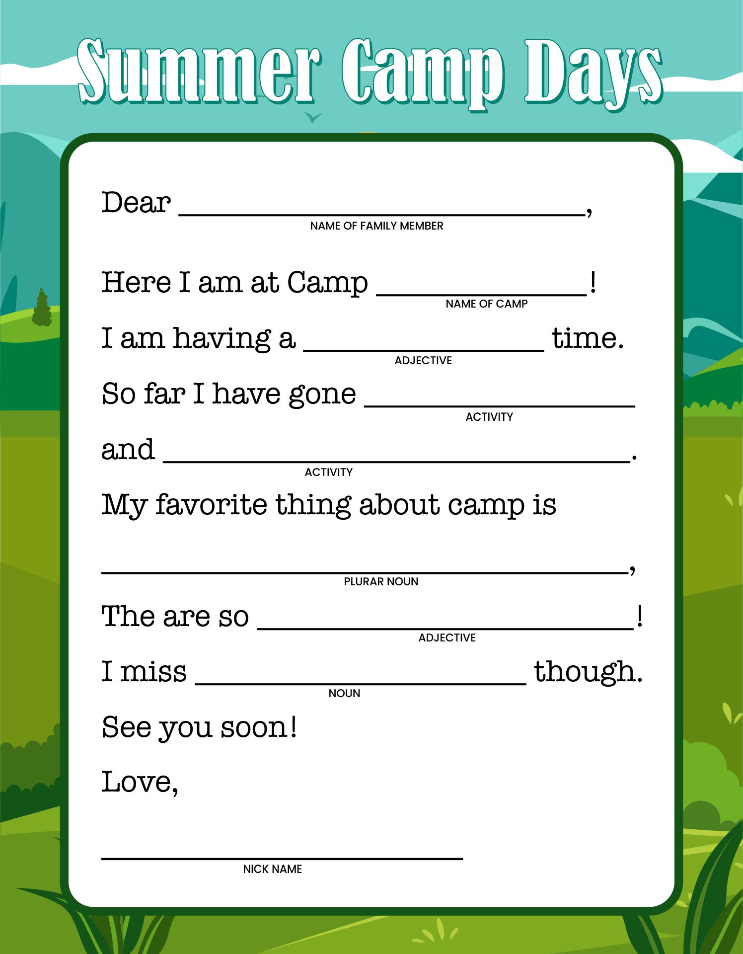 Printable Letters From Camp Mad Libs