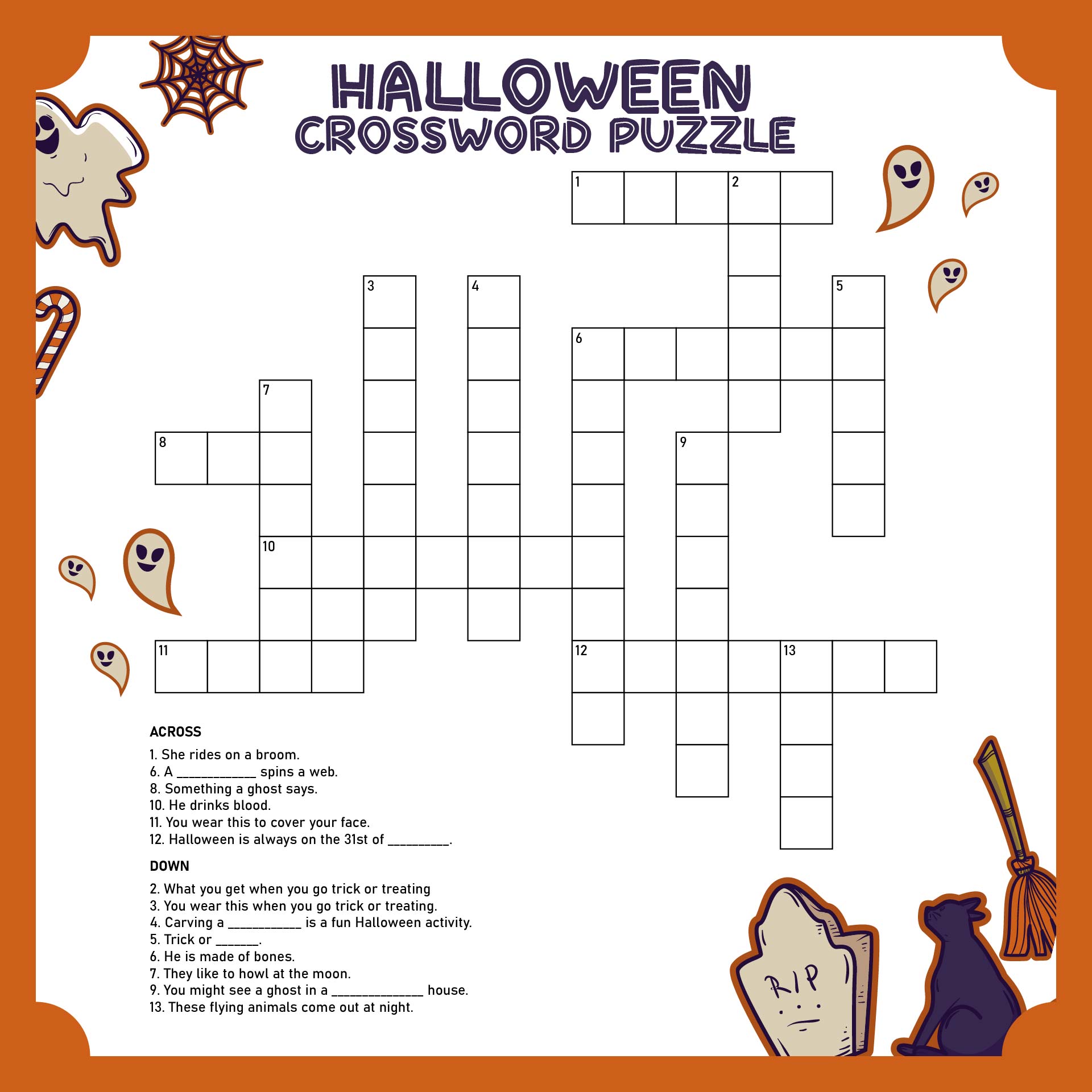Printable No Prep Halloween Crossword Puzzle Worksheet