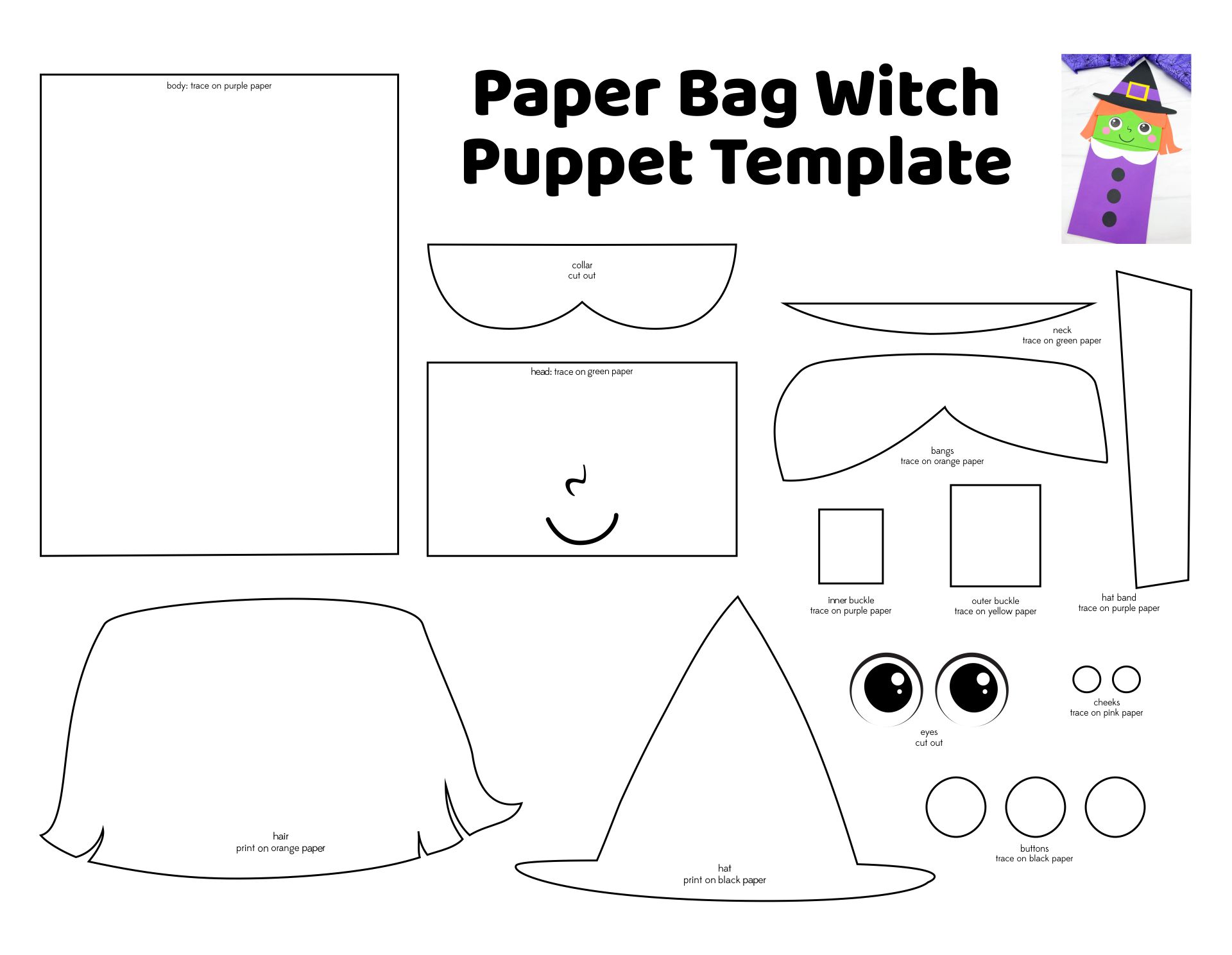 Printable Paper Bag Witch Puppet Template