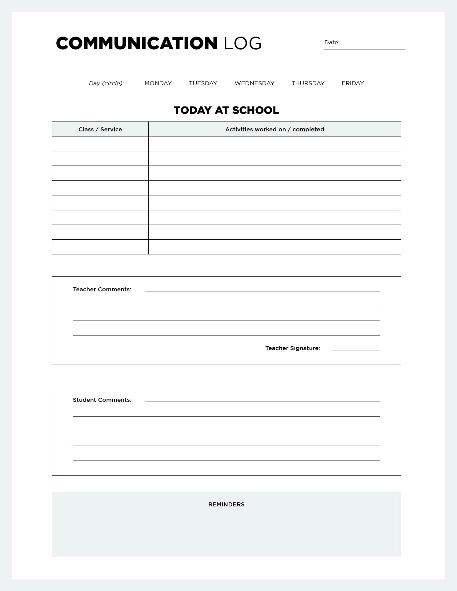 Printable Parent Teacher Daily Communication Log For Special Education