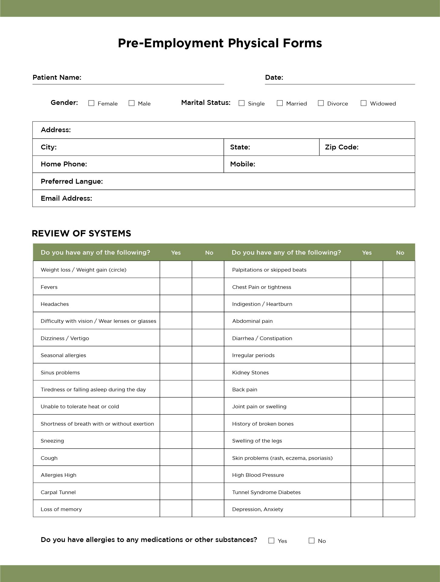 Printable Pre Employment Physical Forms Template