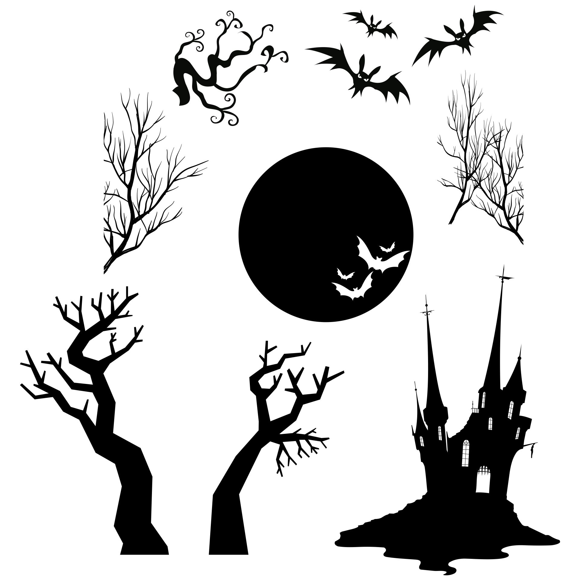 Printable Silhouette Of Halloween House, Full Moon, Trees And Bats