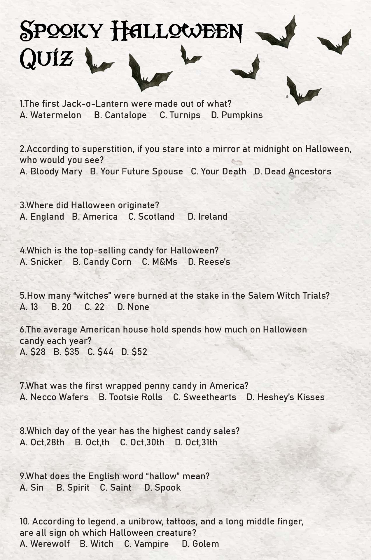 Printable Spooky Halloween Quiz Worksheet