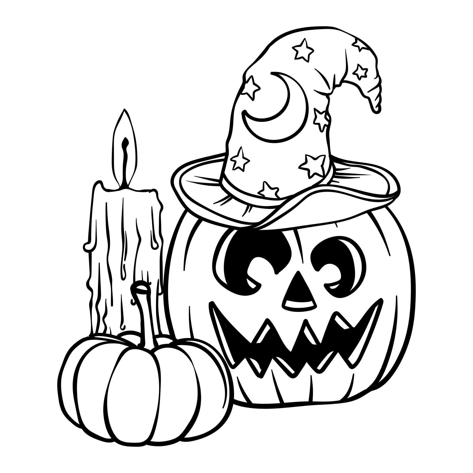 Scary Halloween Pumpkin With A Witch Hat Printable Coloring Page