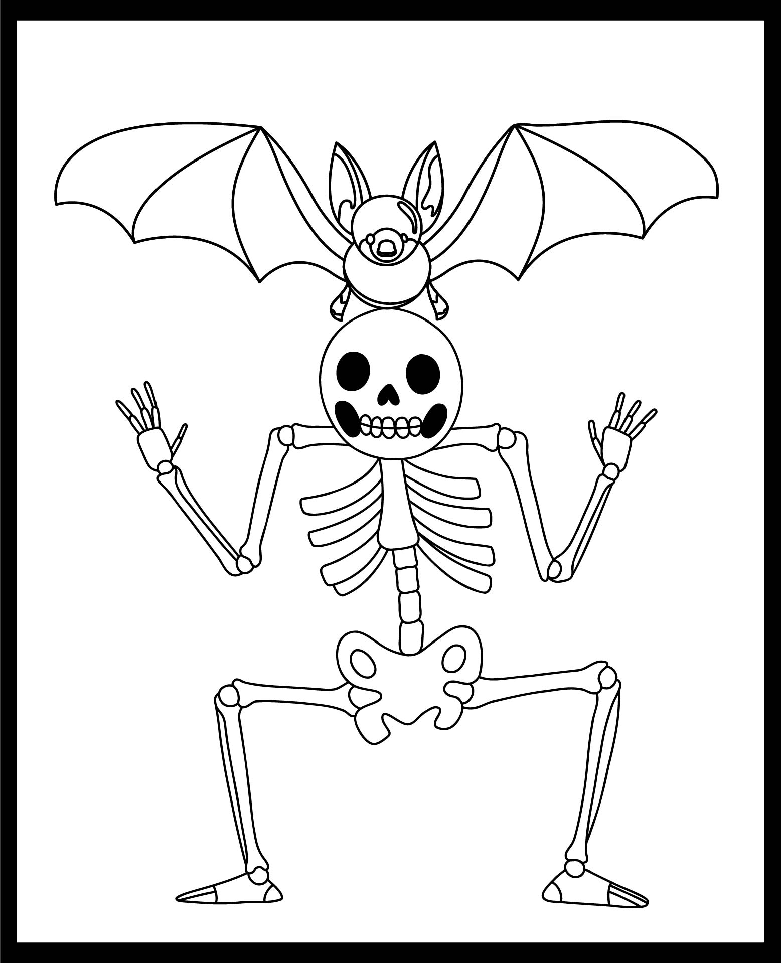 Skeleton And Bat Halloween Coloring Page Printable