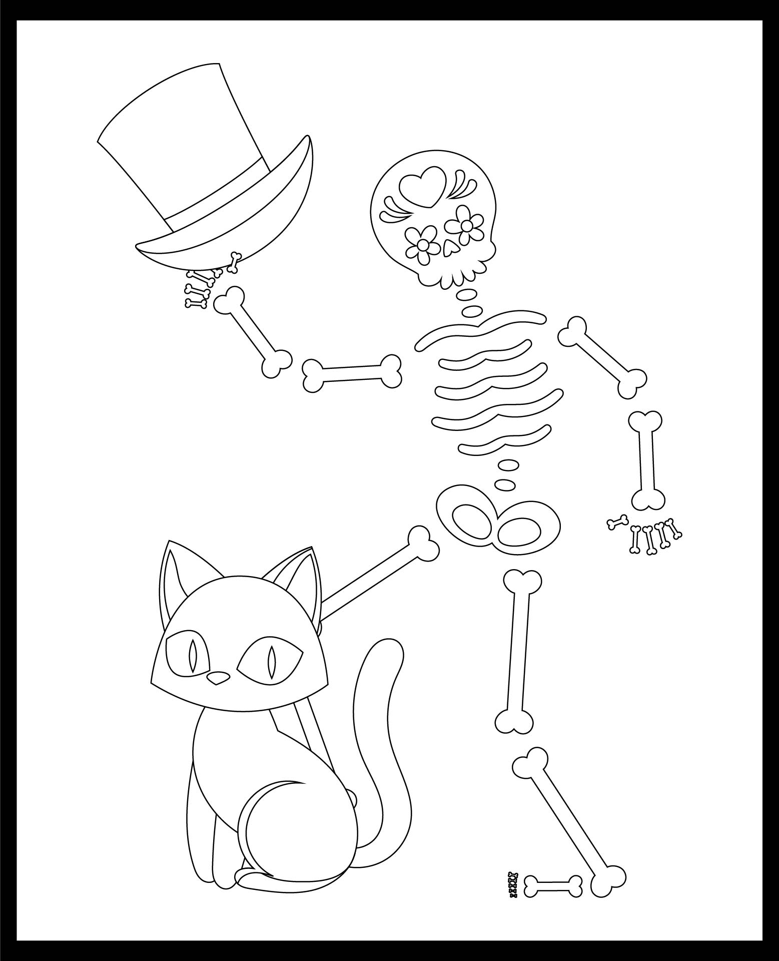 Skeleton And Black Cat Coloring Pages For Kids Halloween Printables
