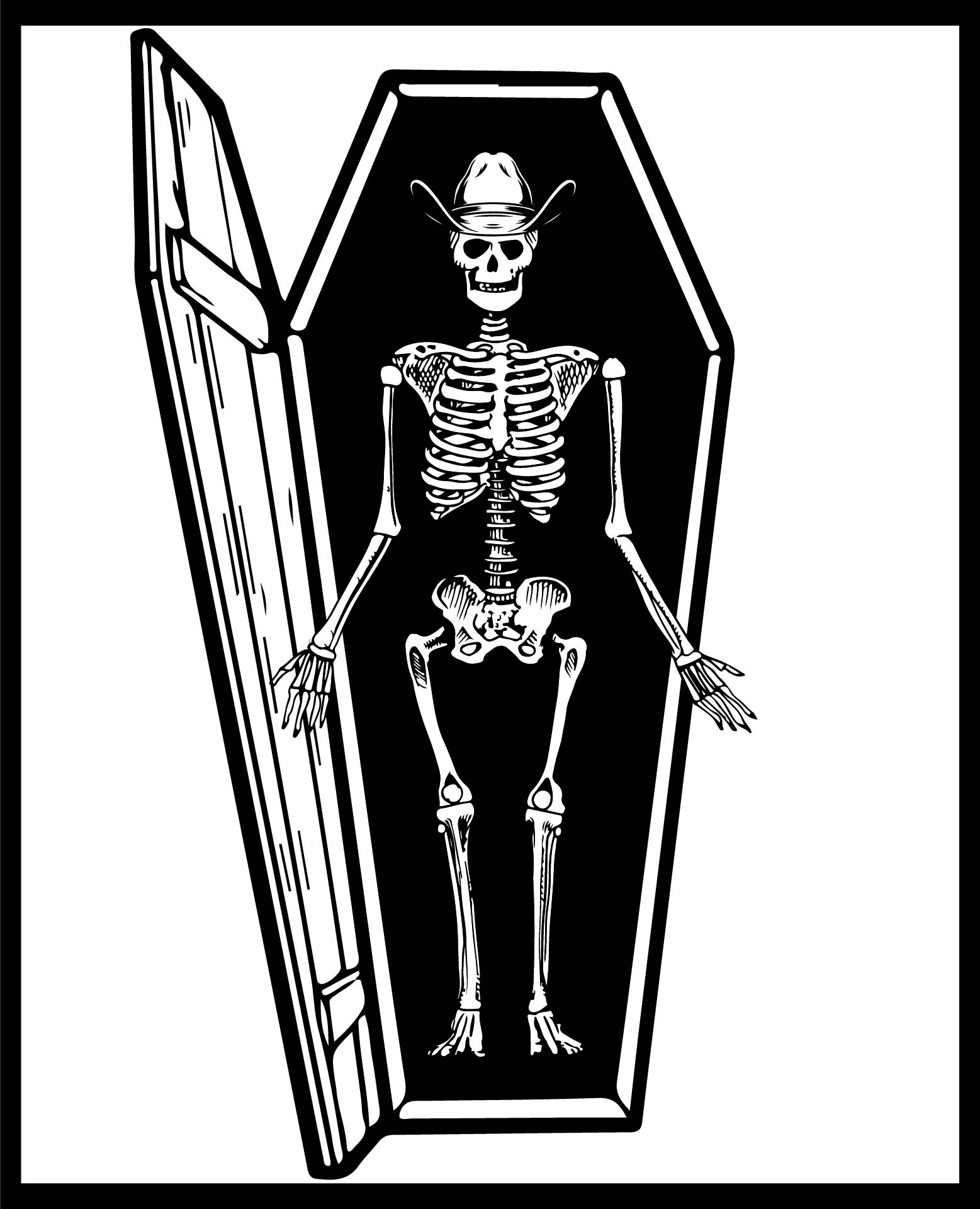 Skeleton In Coffer Printable Halloween Adult Coloring Pages