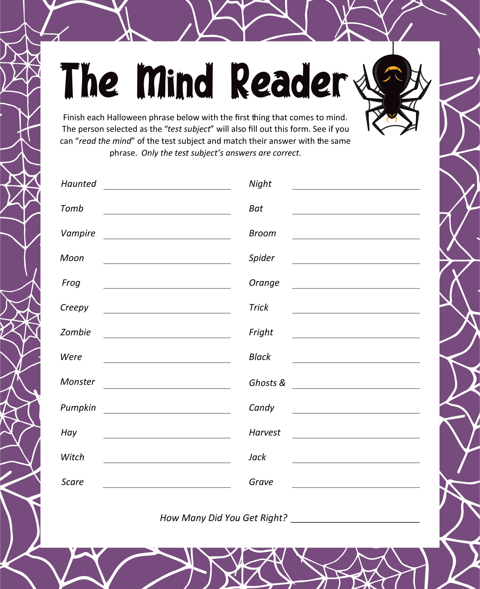 The Mind Reader Game Halloween Printable