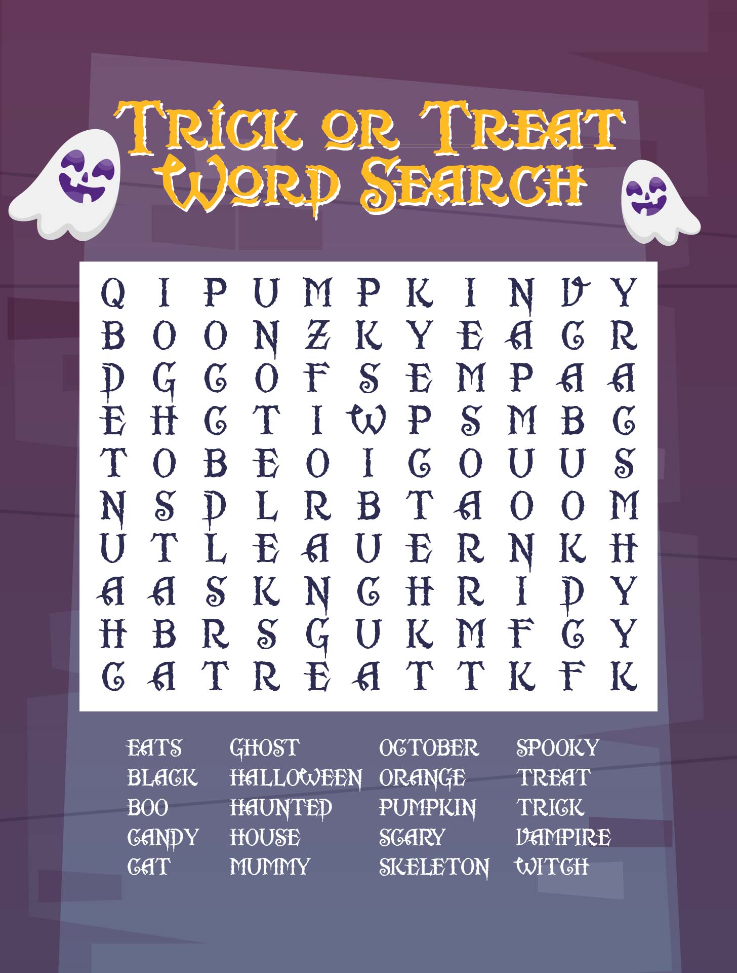 Trick Or Treat Halloween Word Search Printable