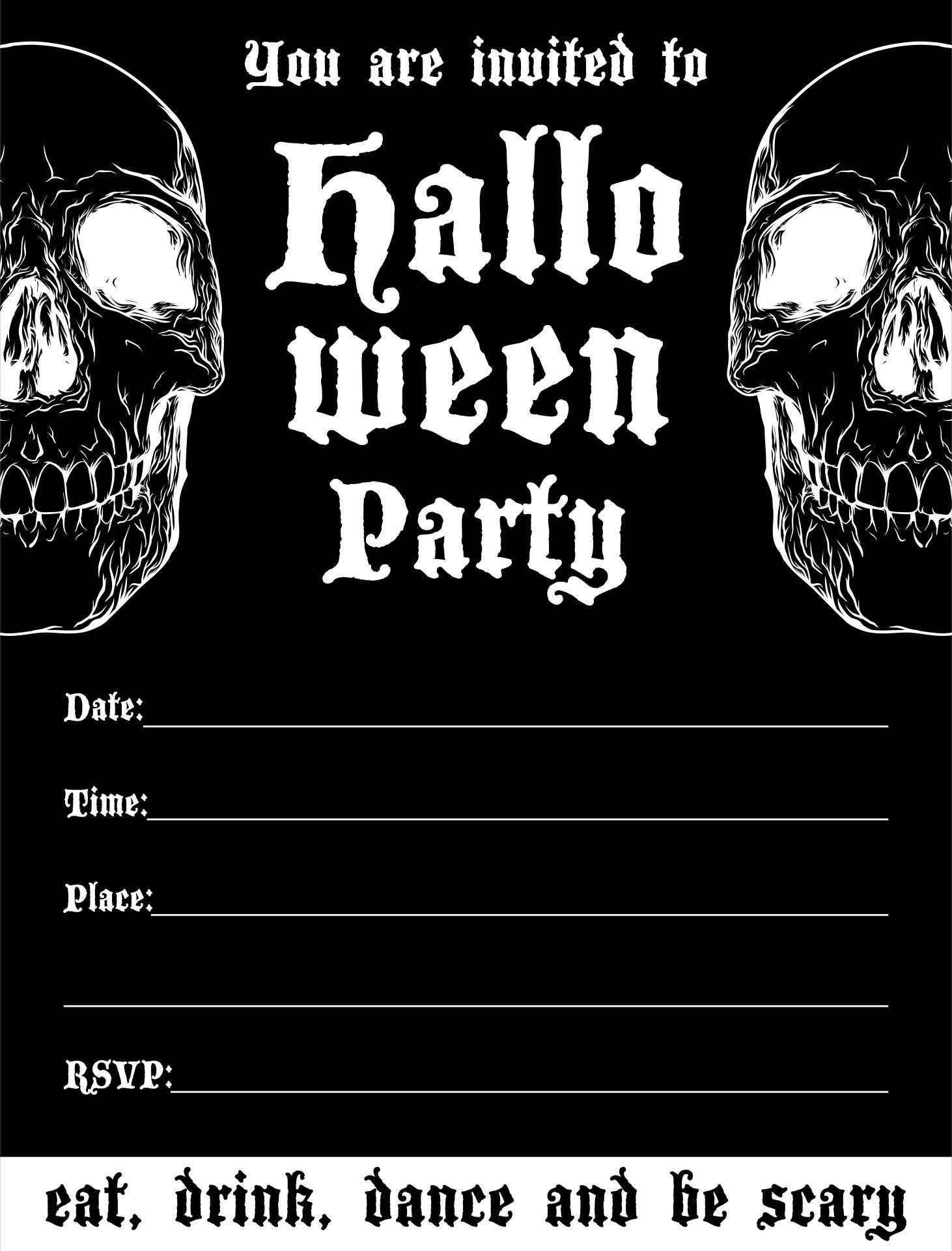 Black White Halloween Invitation Poster Card Skulls Printable
