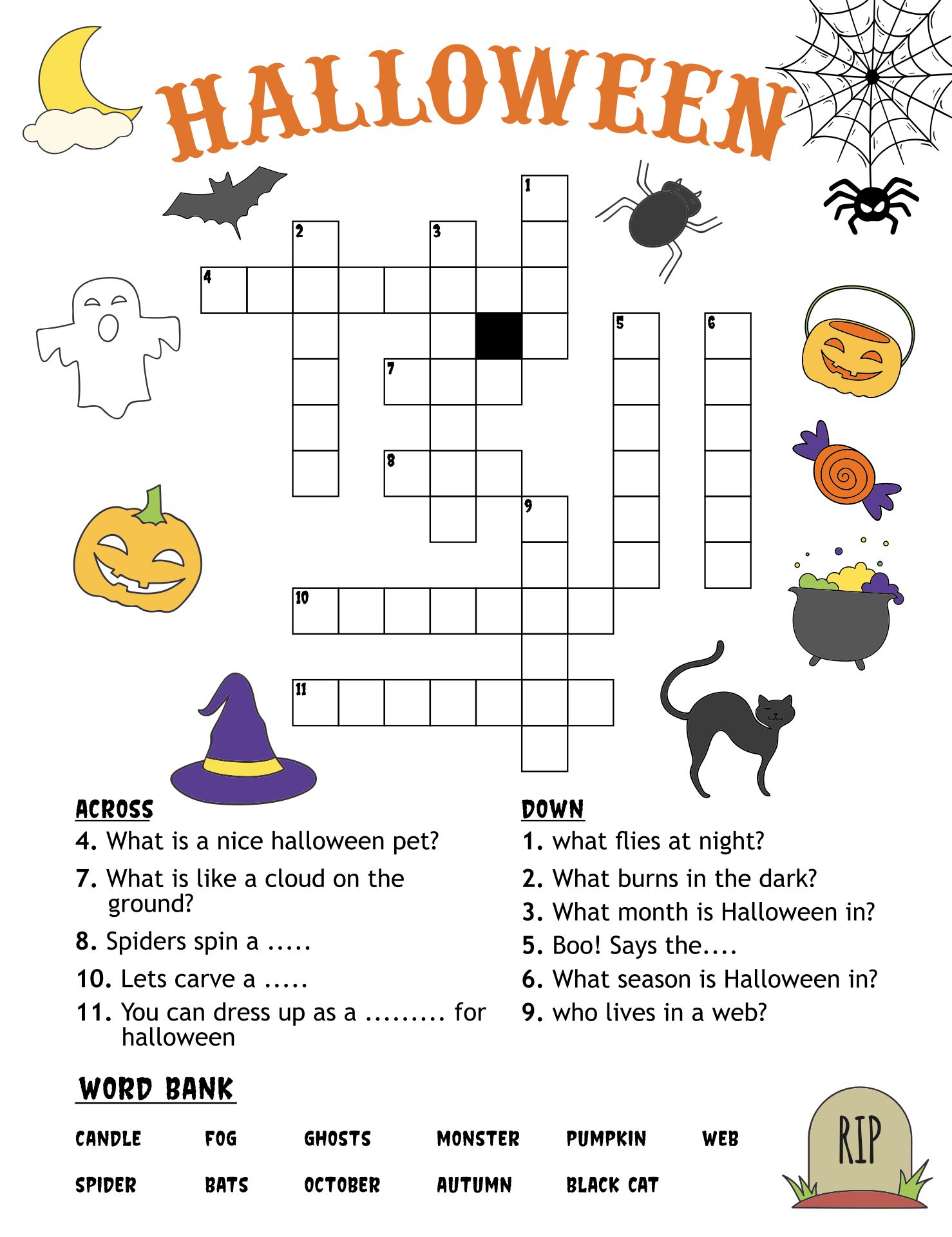 Crossword Puzzle For Children About Halloween Printable Games