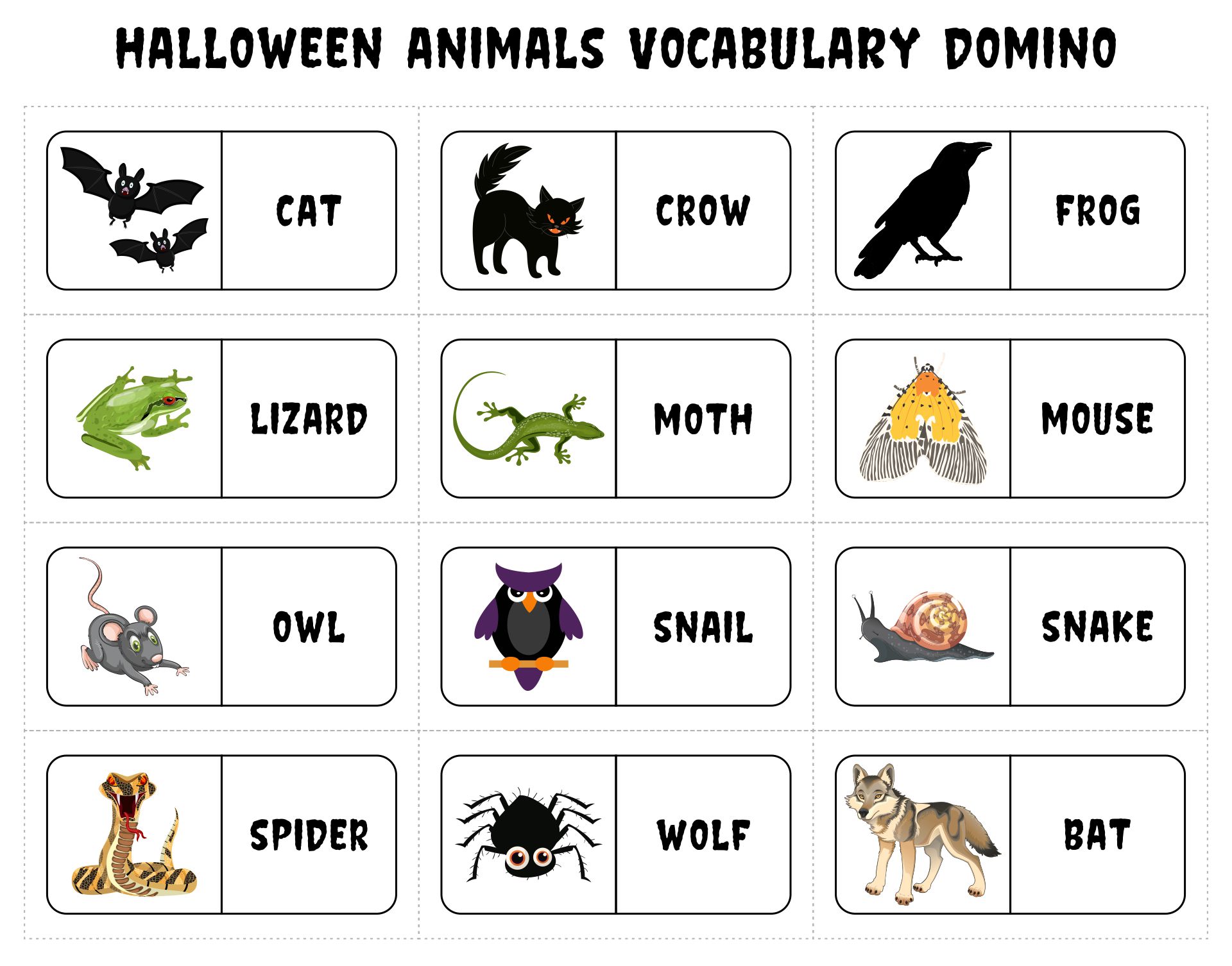 Halloween Animals Vocabulary Domino For Kids Printable