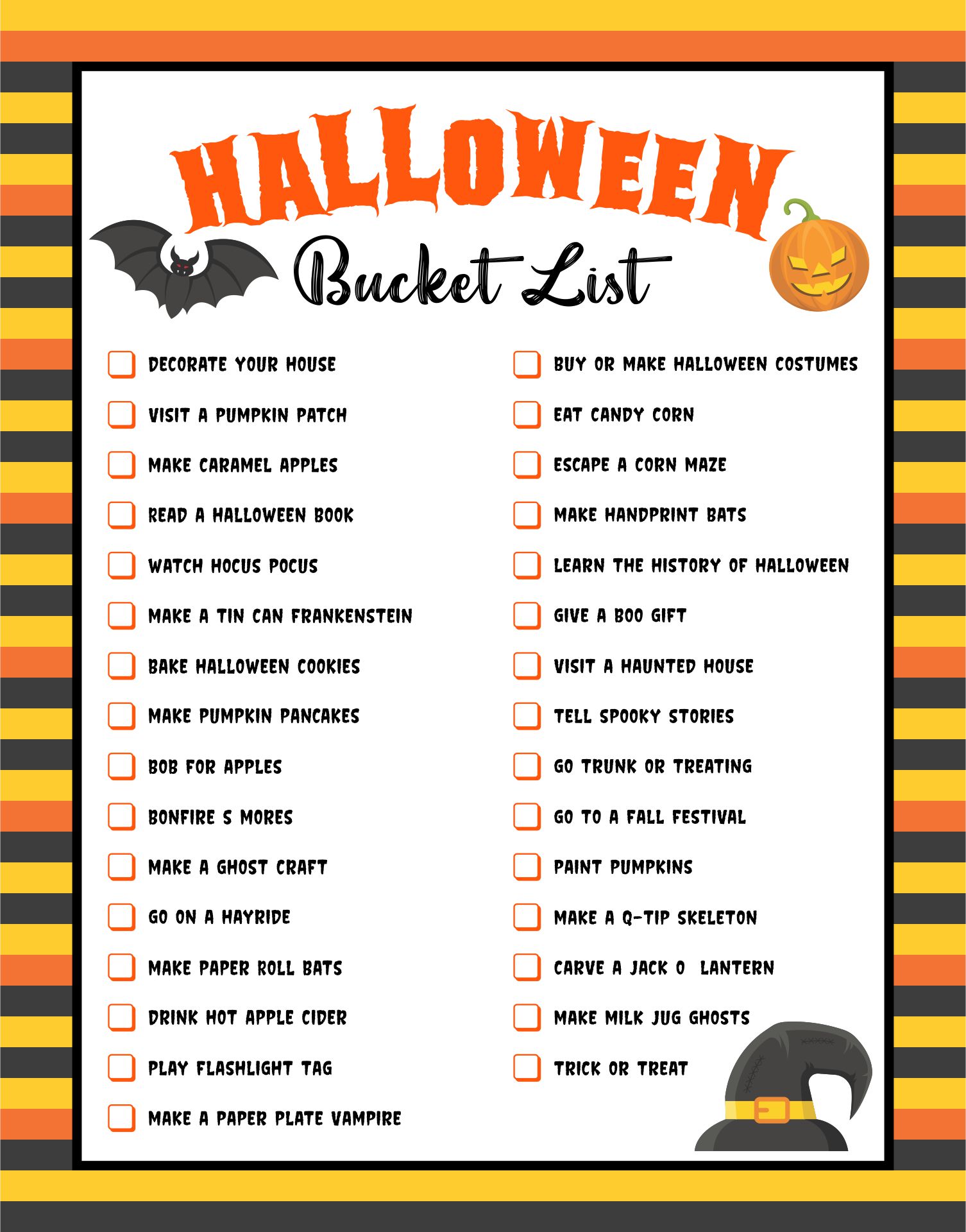 Fun Family Activities Halloween Bucket List For Kids Printable
