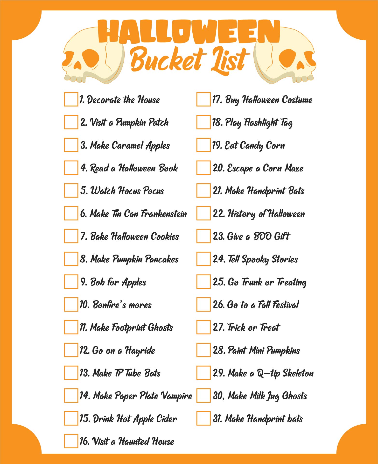 Halloween Bucket List Ideas Printable Game