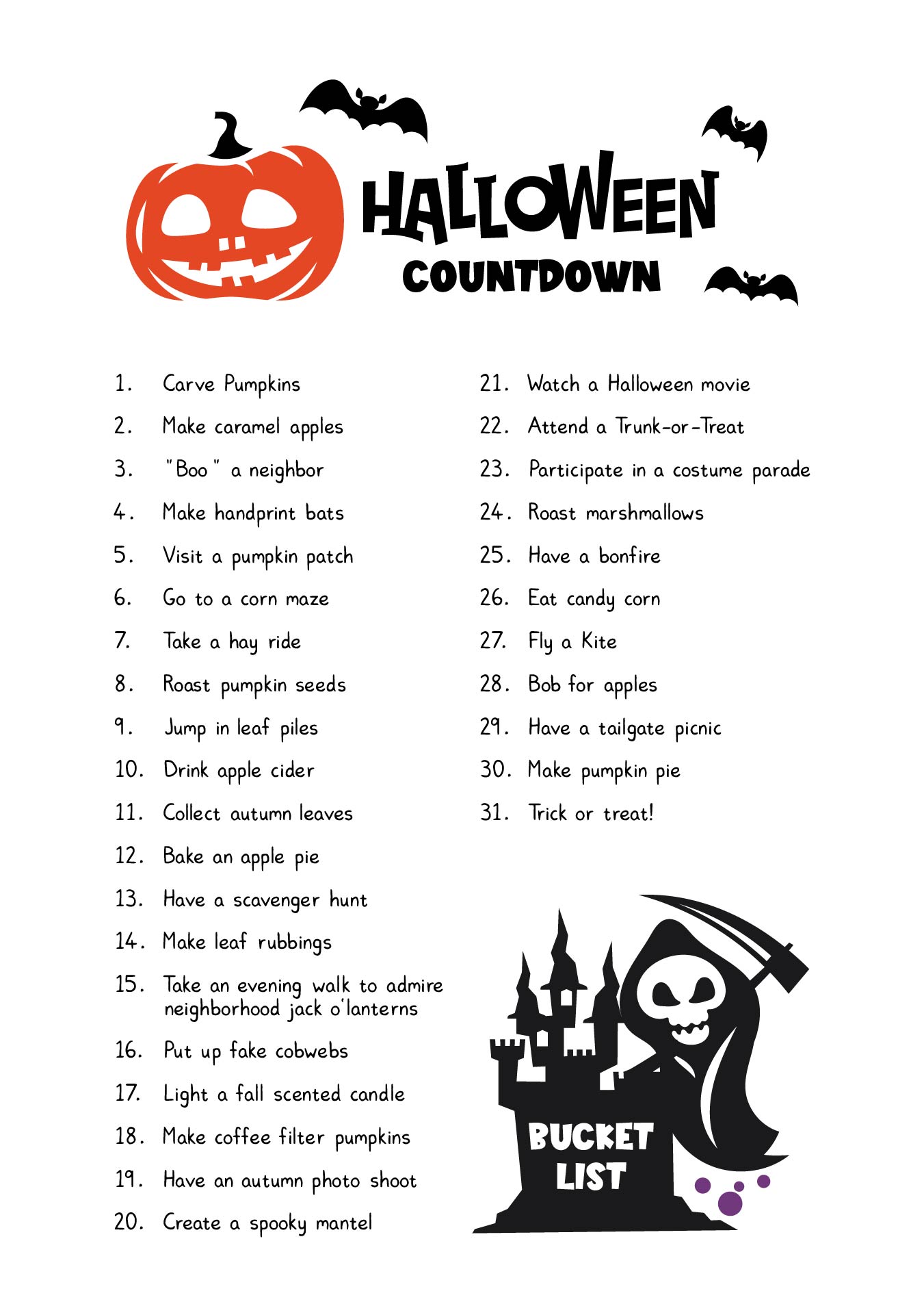 Halloween Countdown Bucket List Printable