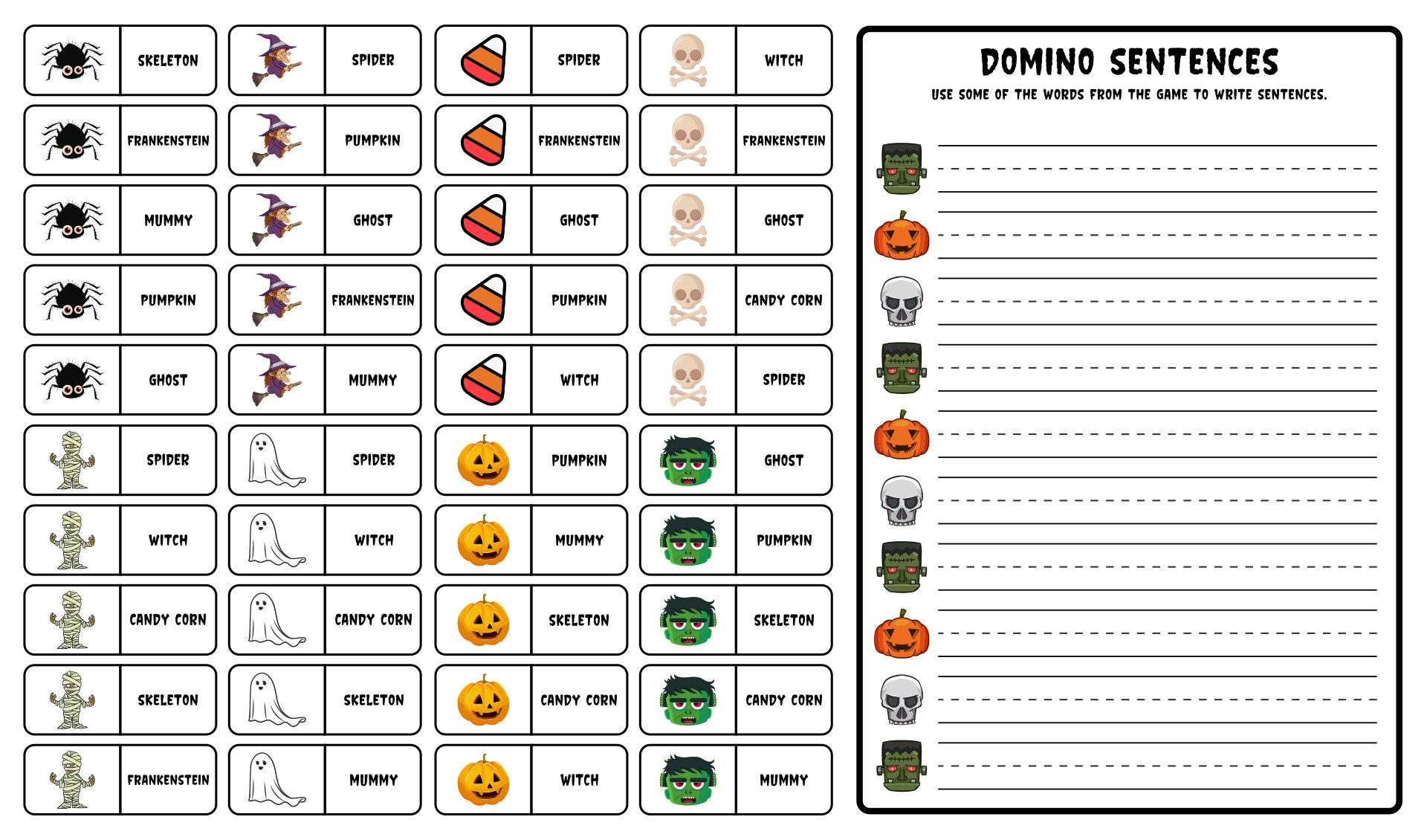 Halloween Domino Game With Writing Activity Printable