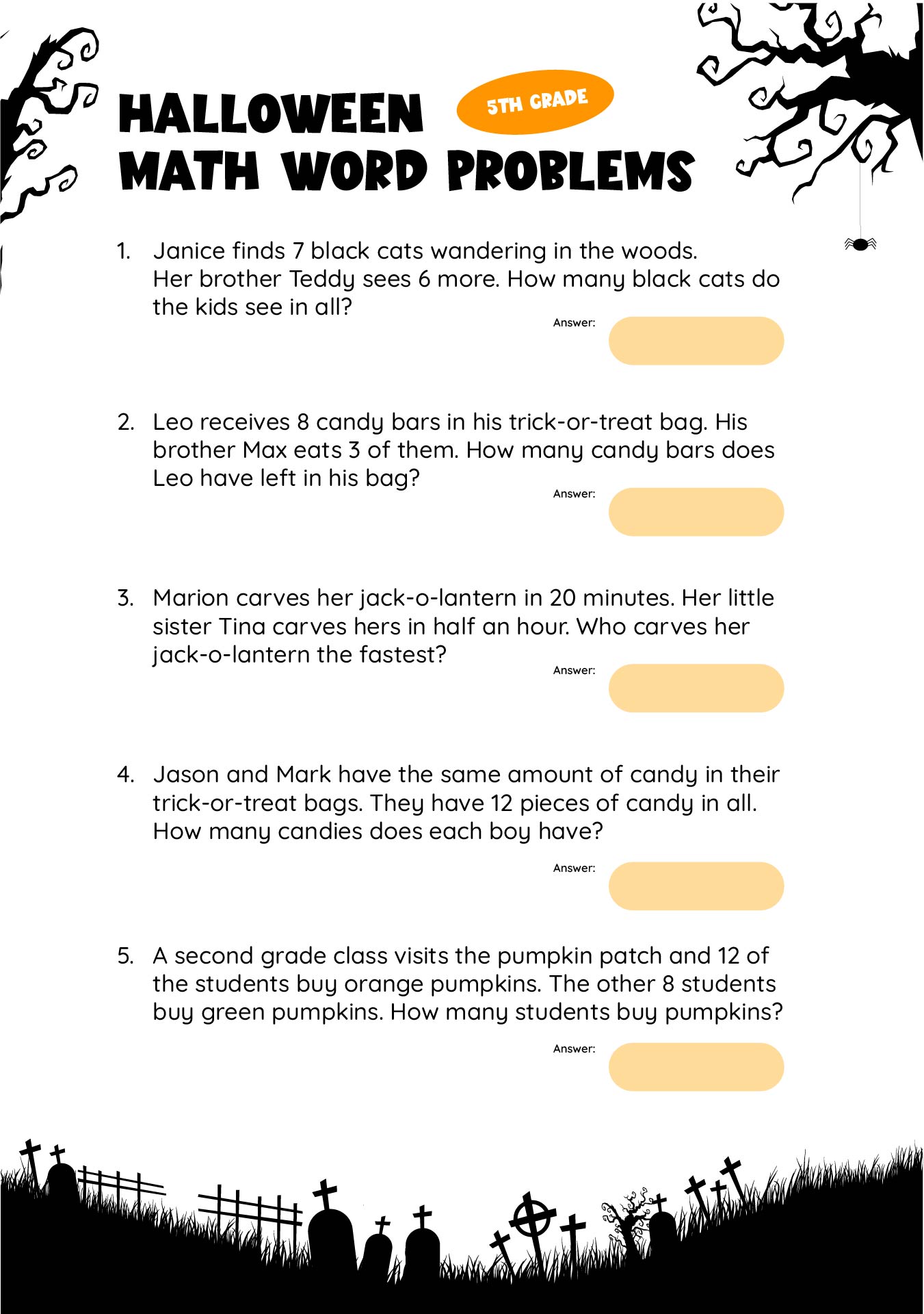 Halloween Math Word Problems 5th Grade Printable Worksheets