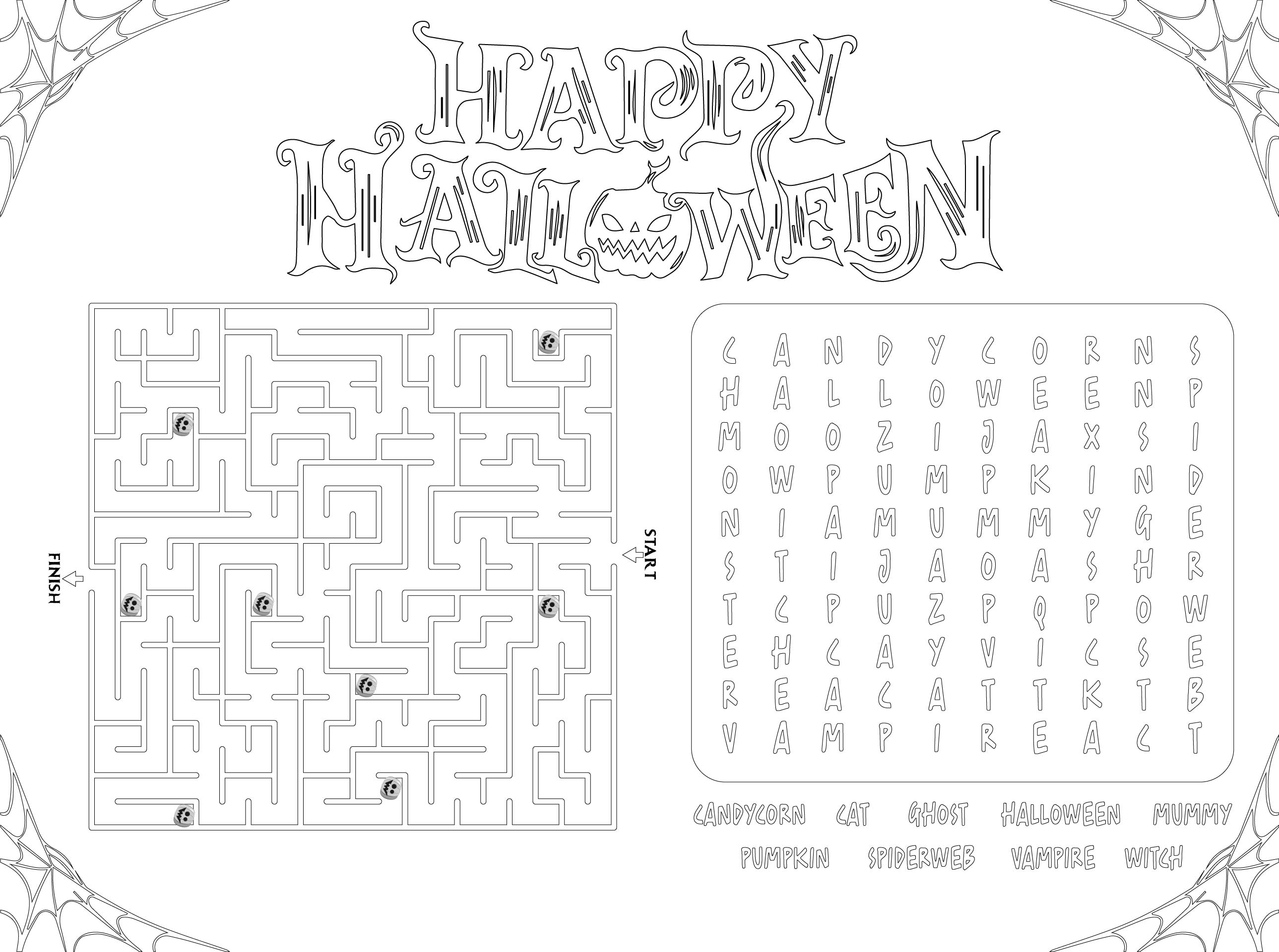 Halloween Printables Coloring Maze Wordsearch