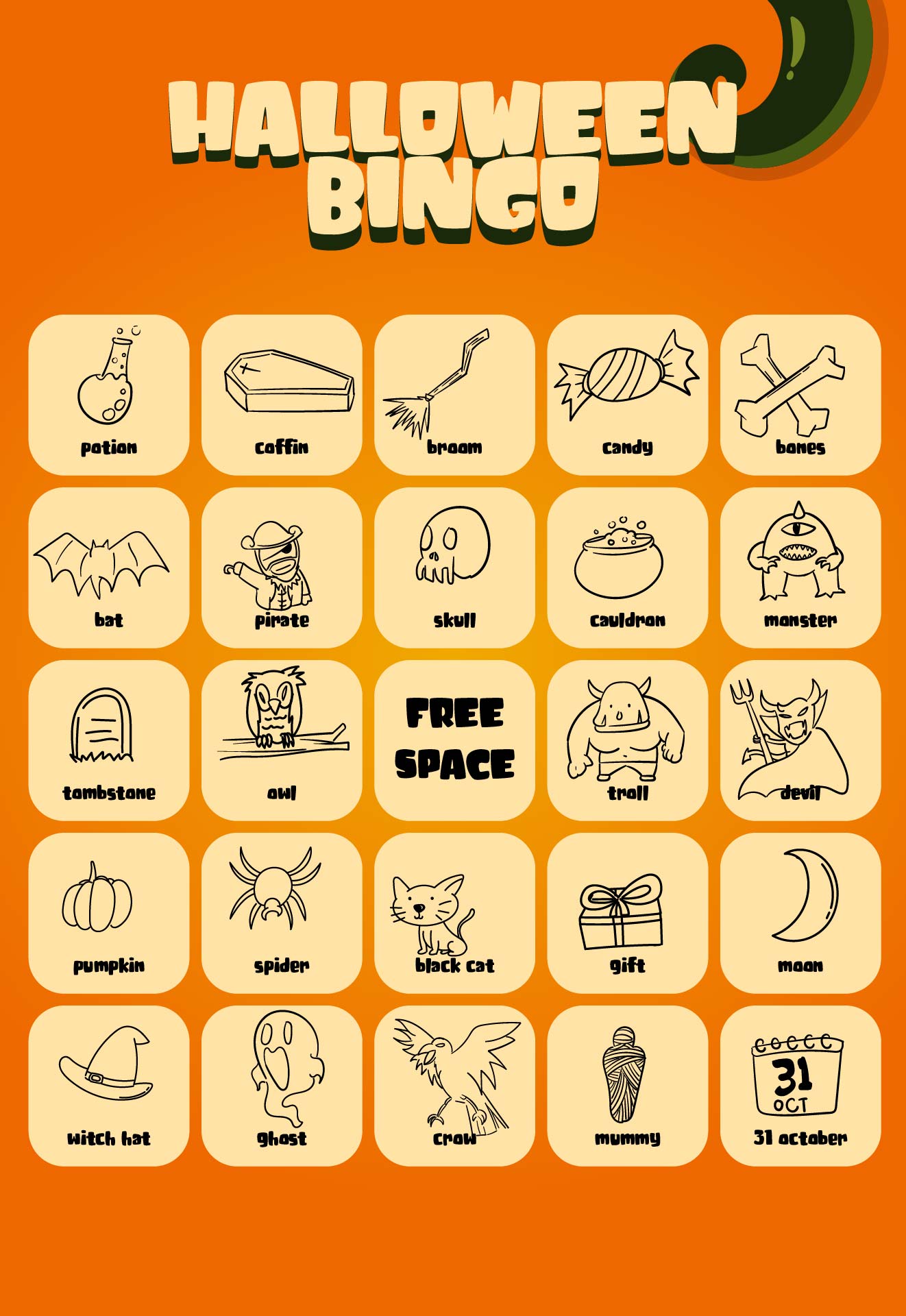 Halloween Vocabulary Bingo Printable