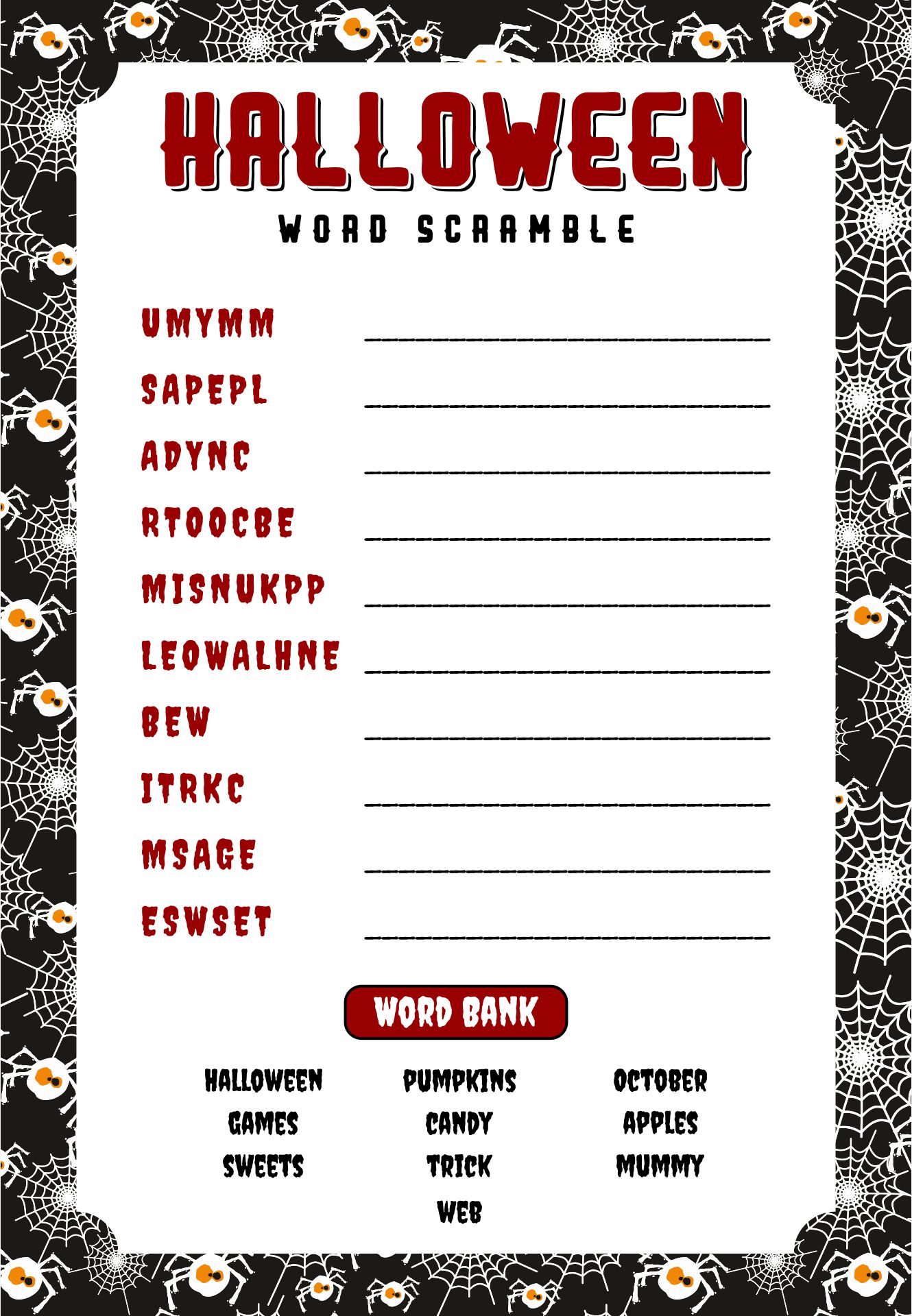 Halloween Word Scramble Game For Kids Printable