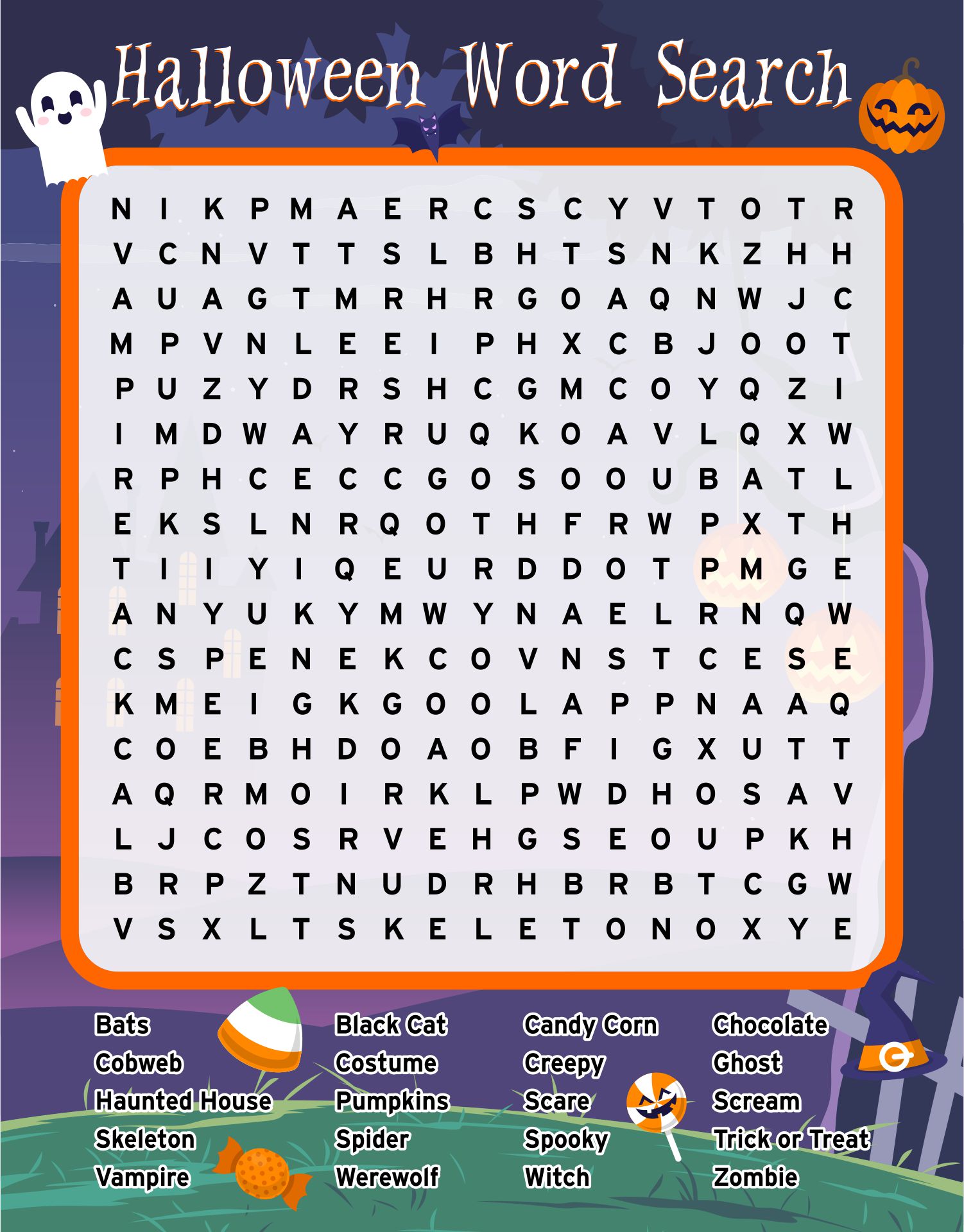 Halloween Word Search Puzzle Printable Educational Game For Kids Holiday