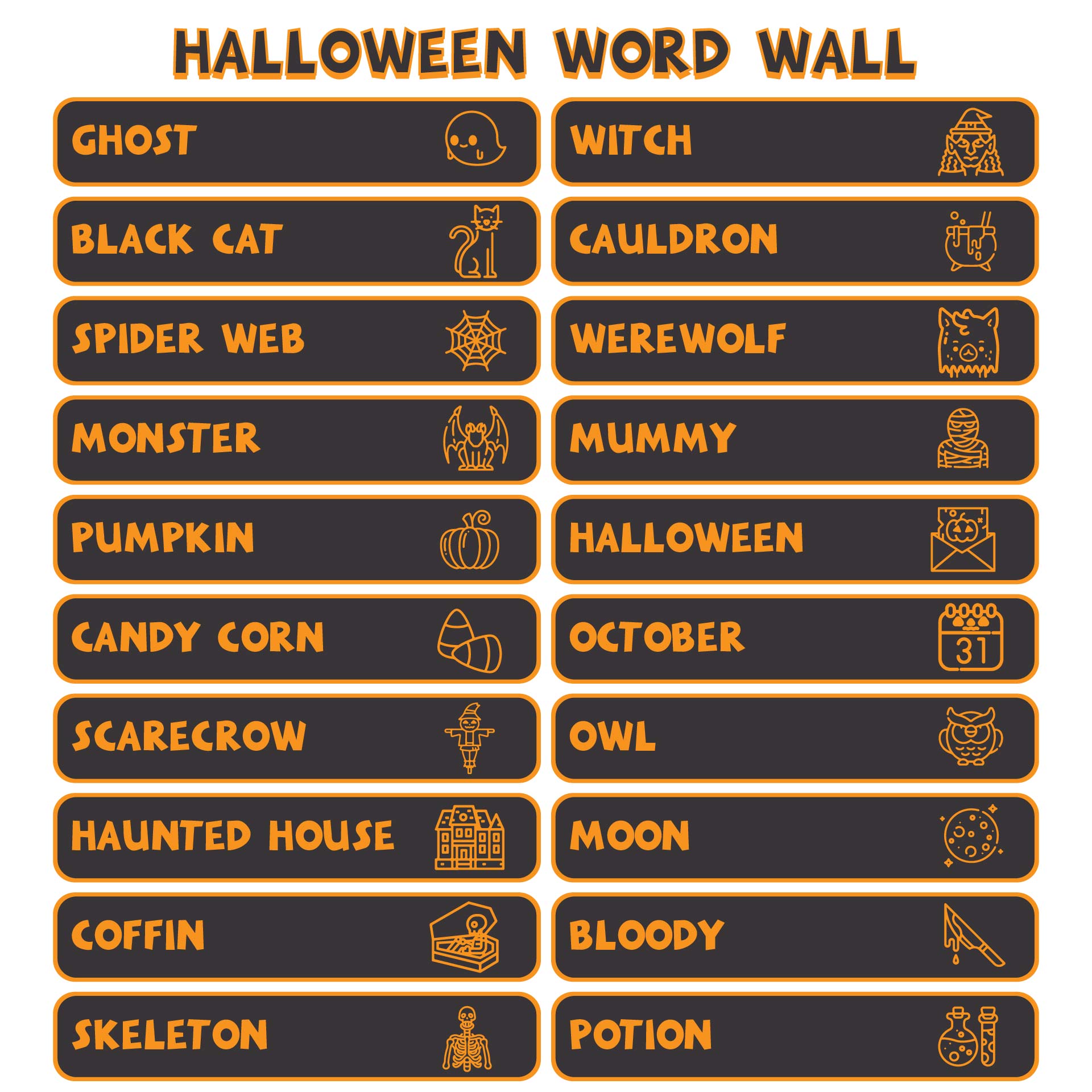 Halloween Word Wall List For Classroom Fun Printable