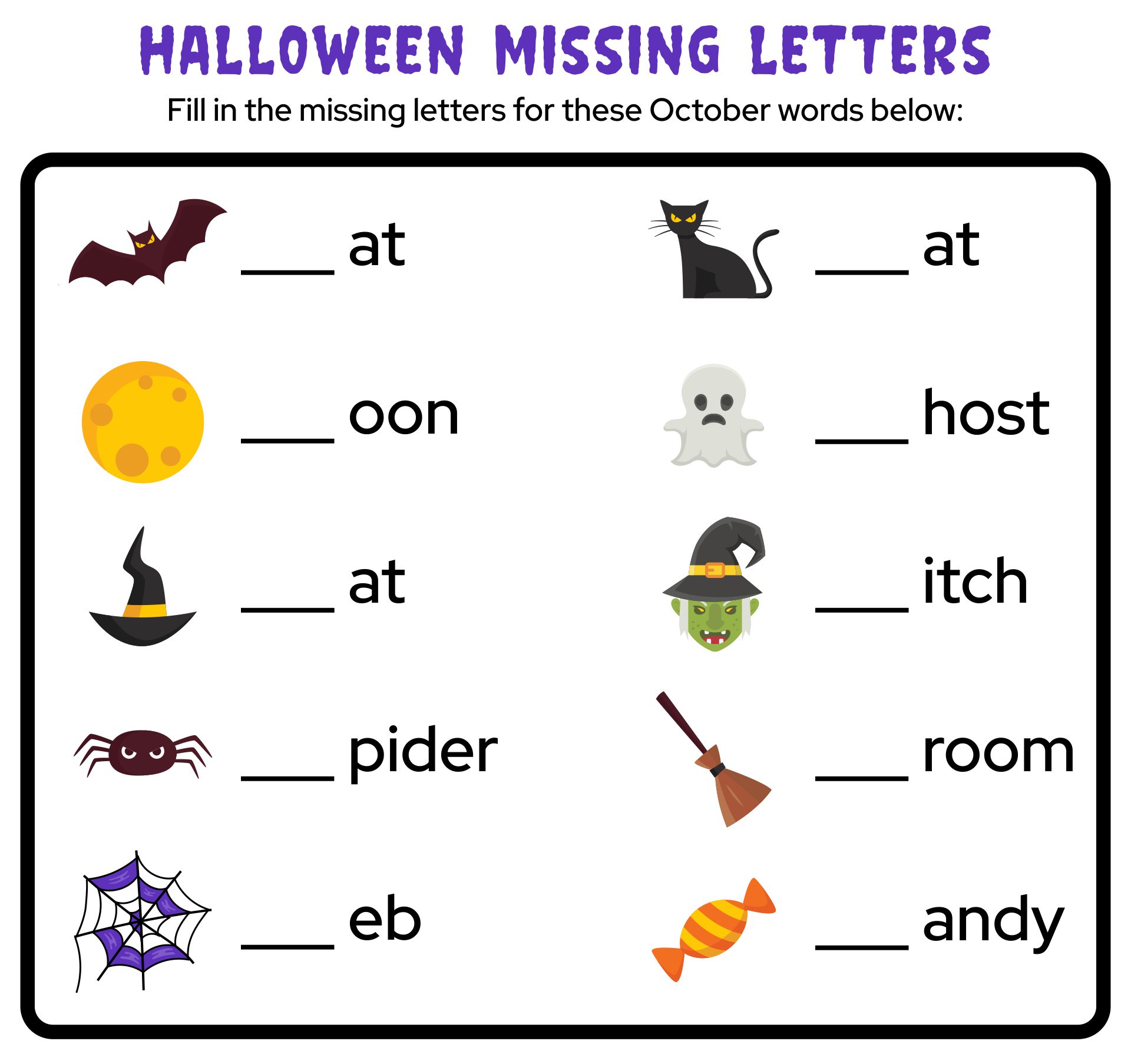 Halloween Words Fill In The Missing Letters Worksheet Printable