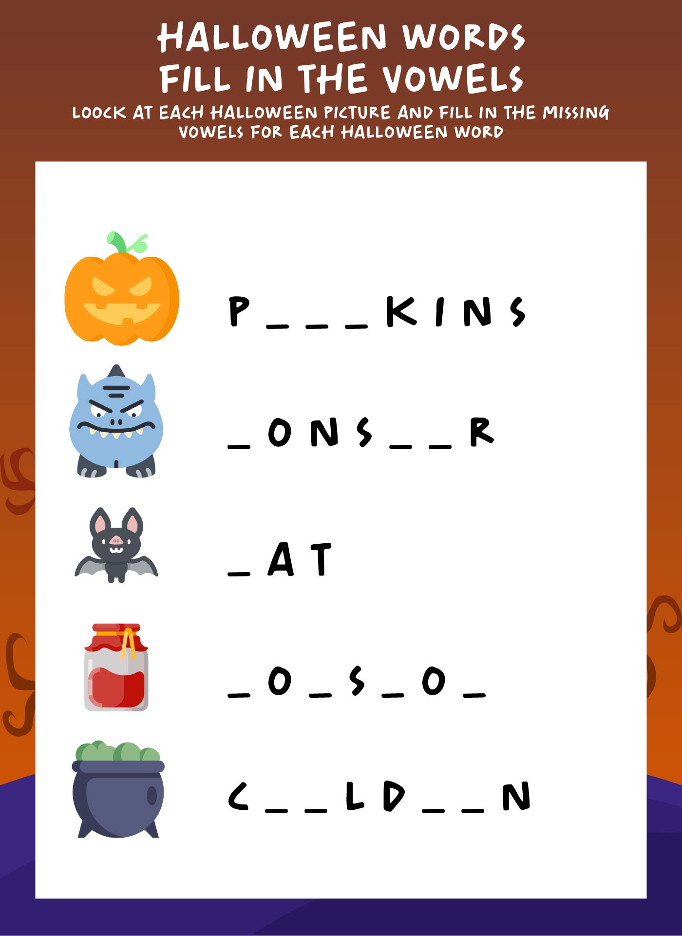 Halloween Words Fill In The Missing Letters Worksheet Printable