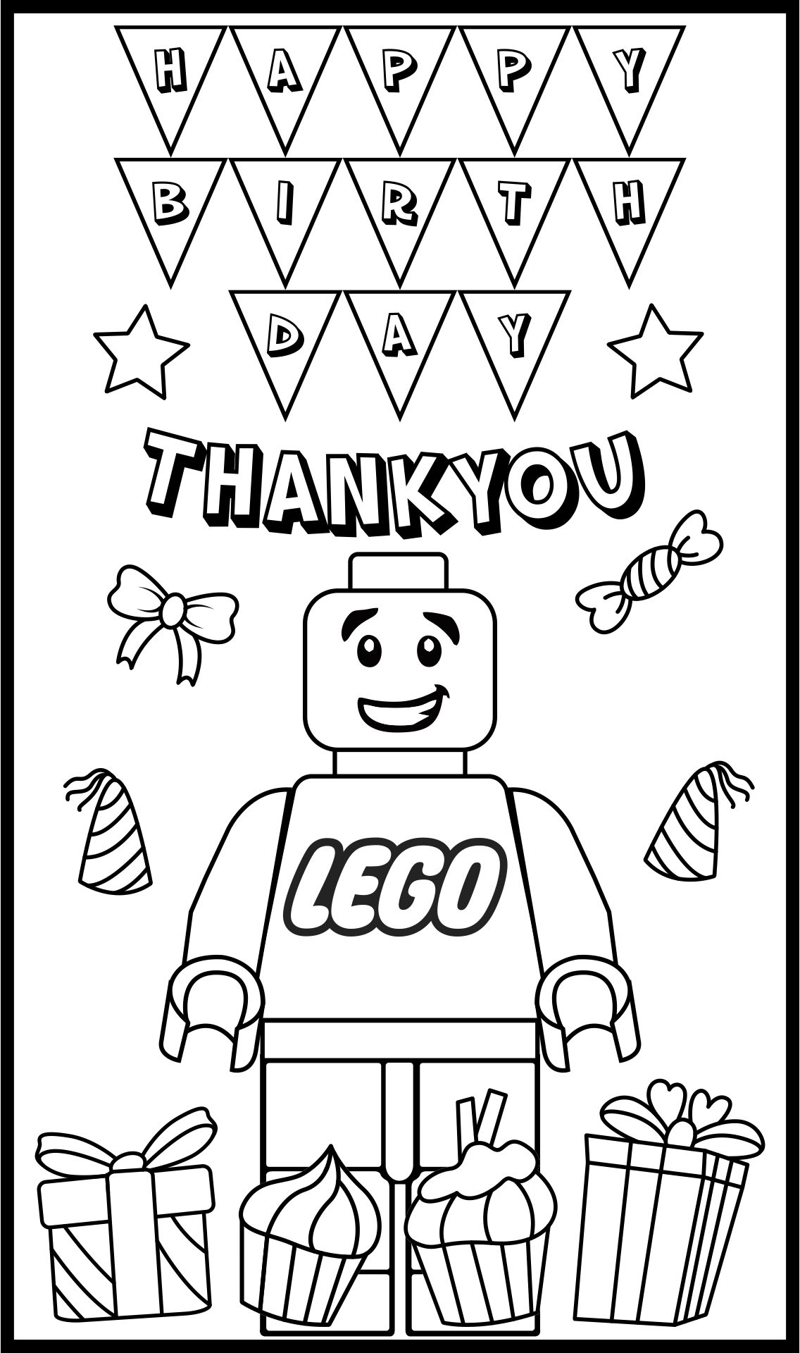 LEGO Birthday Thank You Card Printable Coloring Page
