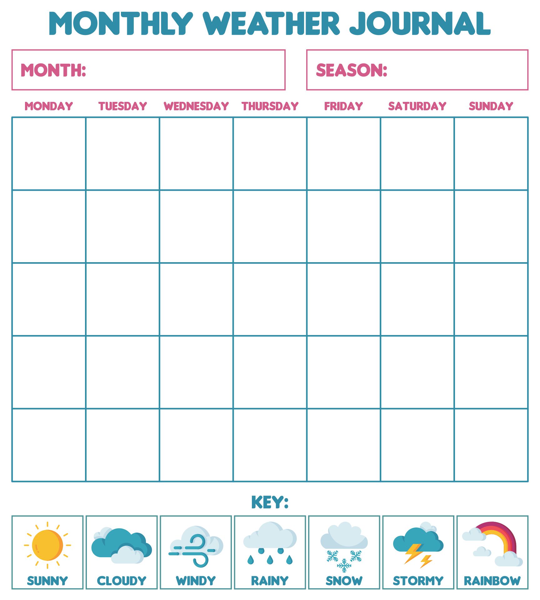 Monthly Weather Journal Kindergarten Printables & Worksheets