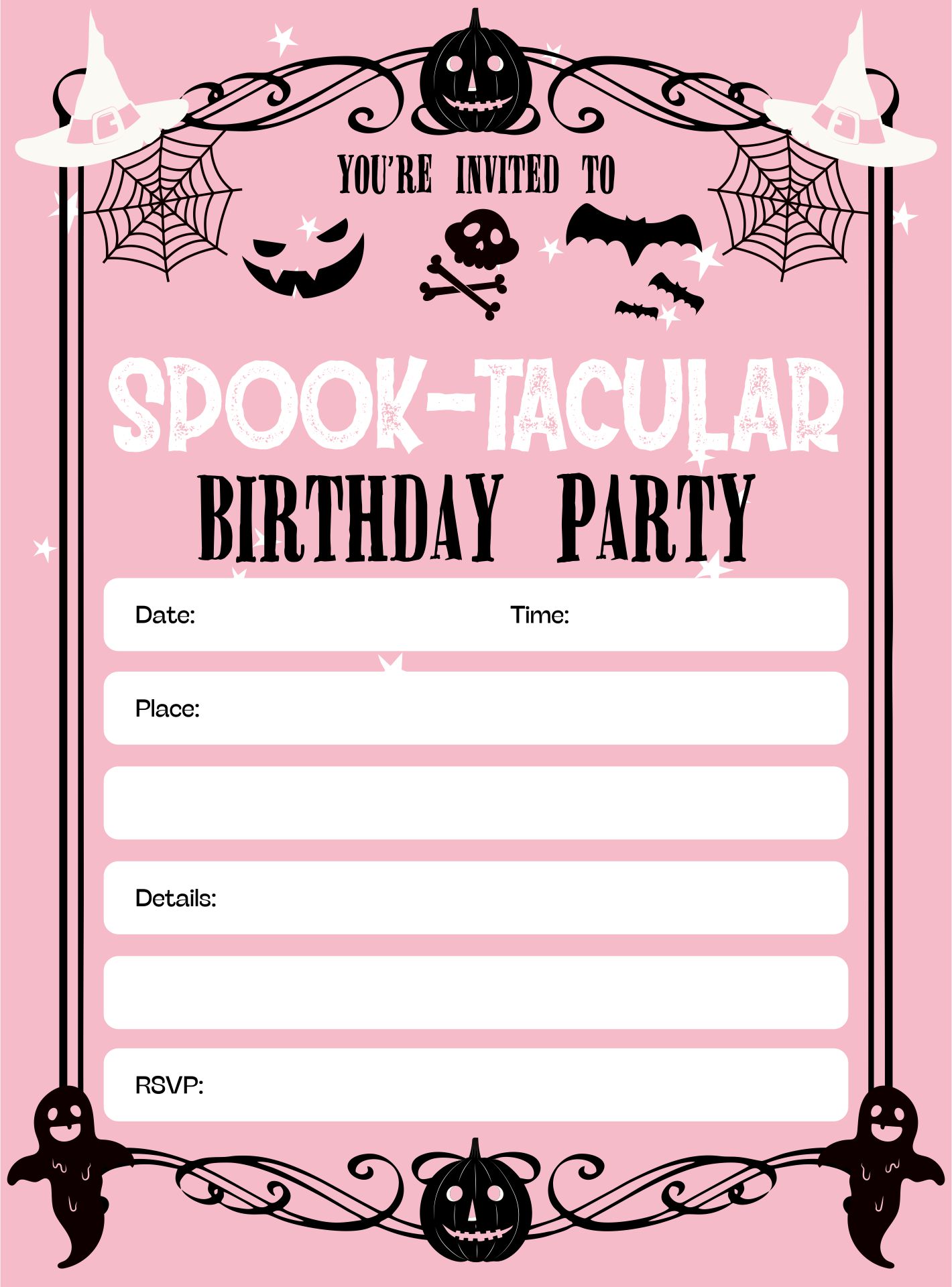 Pink Halloween Birthday Party Invitation Template Printable
