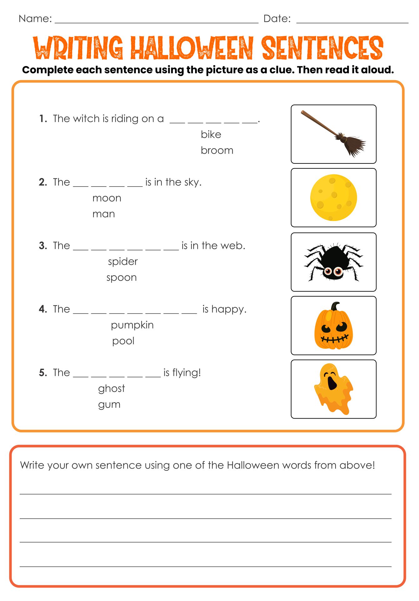 Printable 1st Grade Writing Halloween Sentences Worksheets