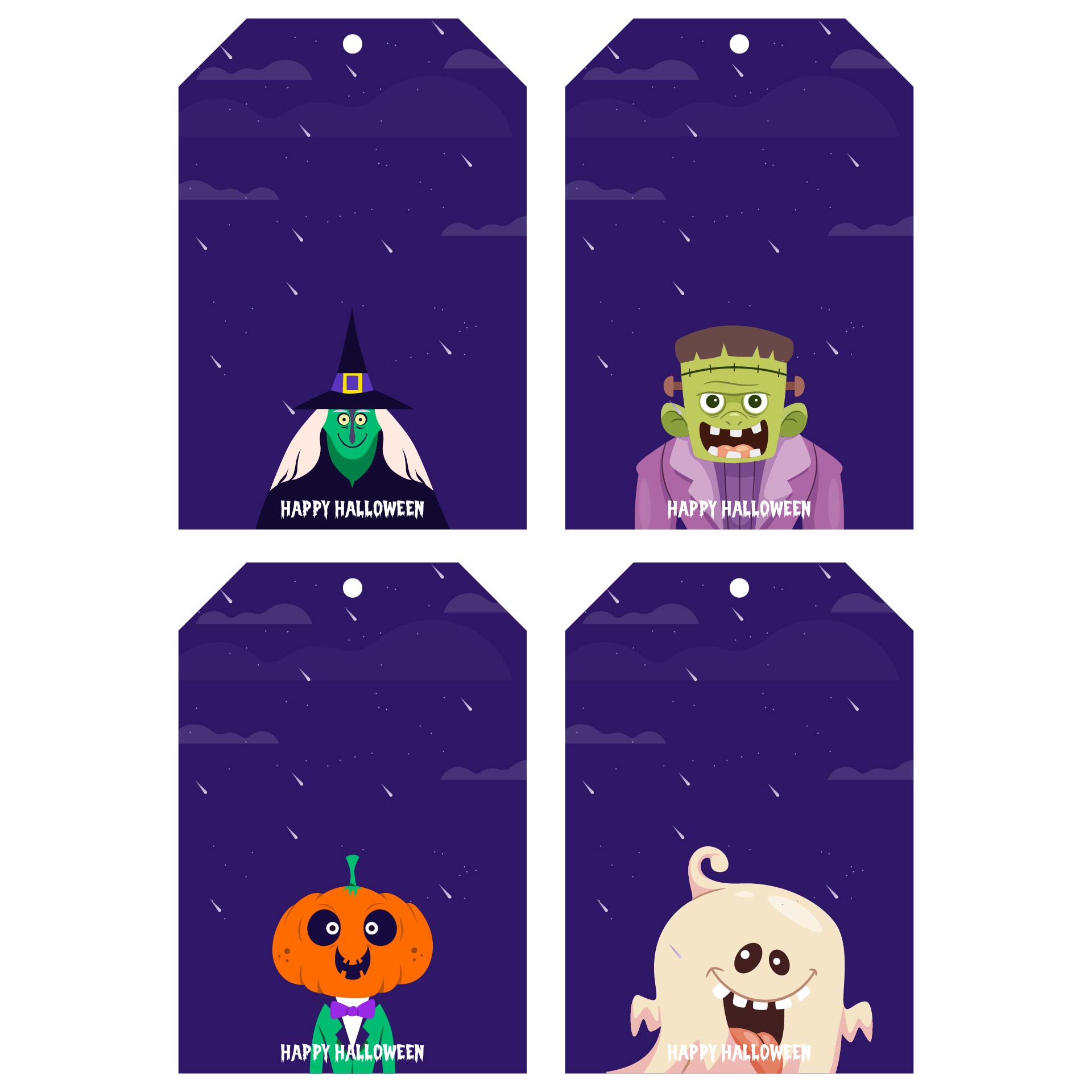 Printable Cute Halloween Gift Tag Witch, Frankenstein, Ghost, Jack-O-Lantern Characters