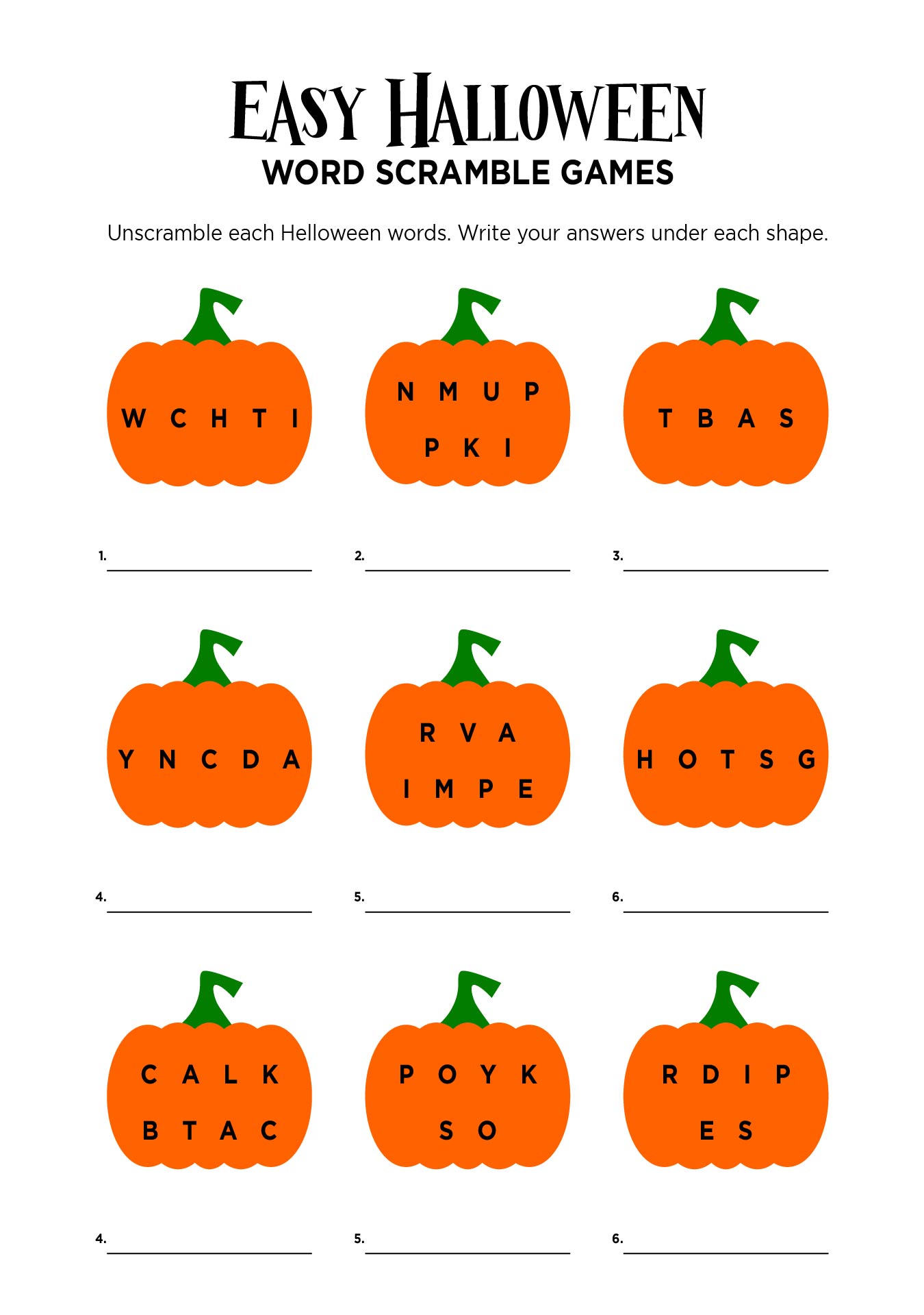 Printable Easy Halloween Word Scramble Games