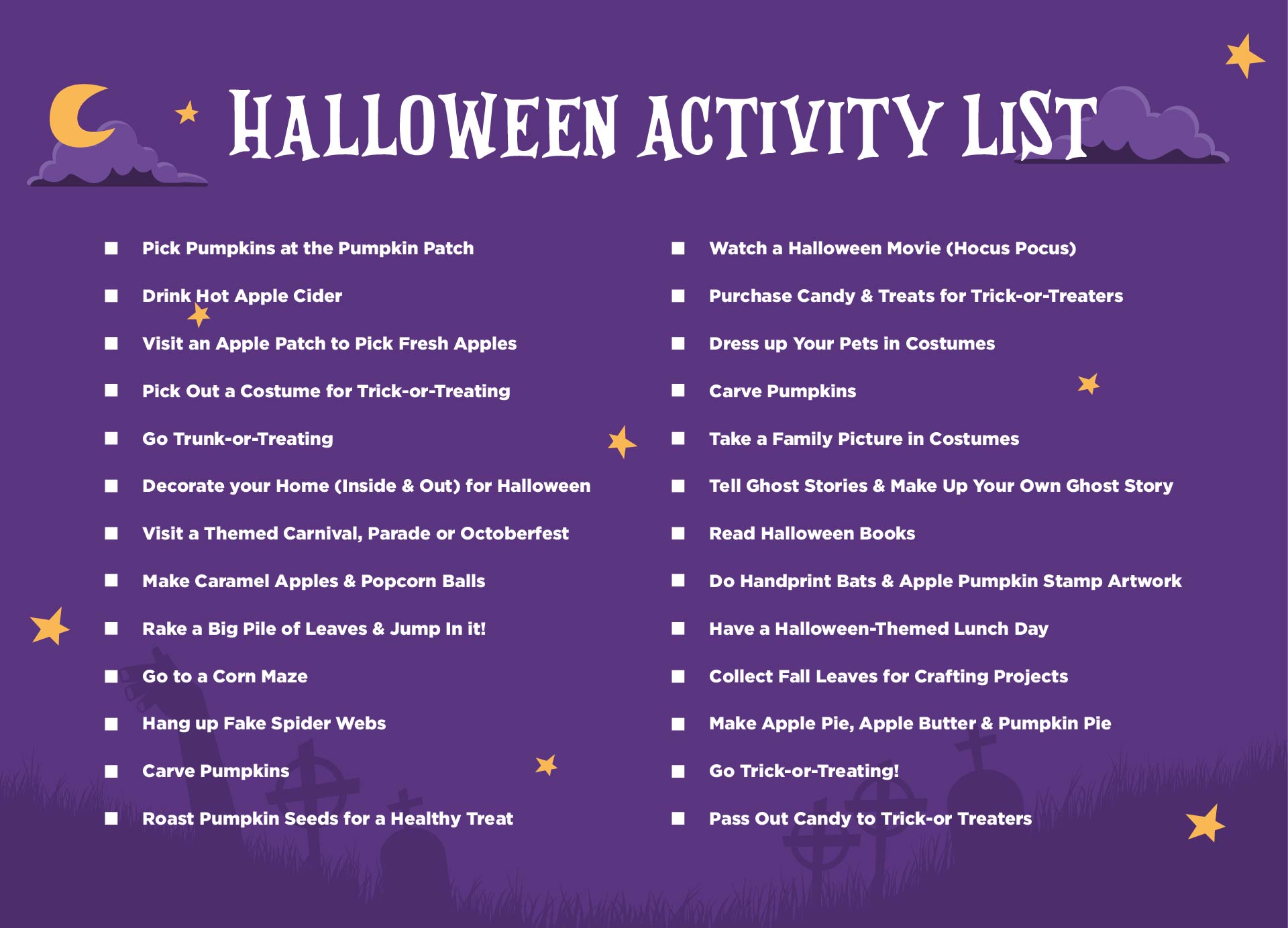 Printable Halloween Activity List For The Month Of October