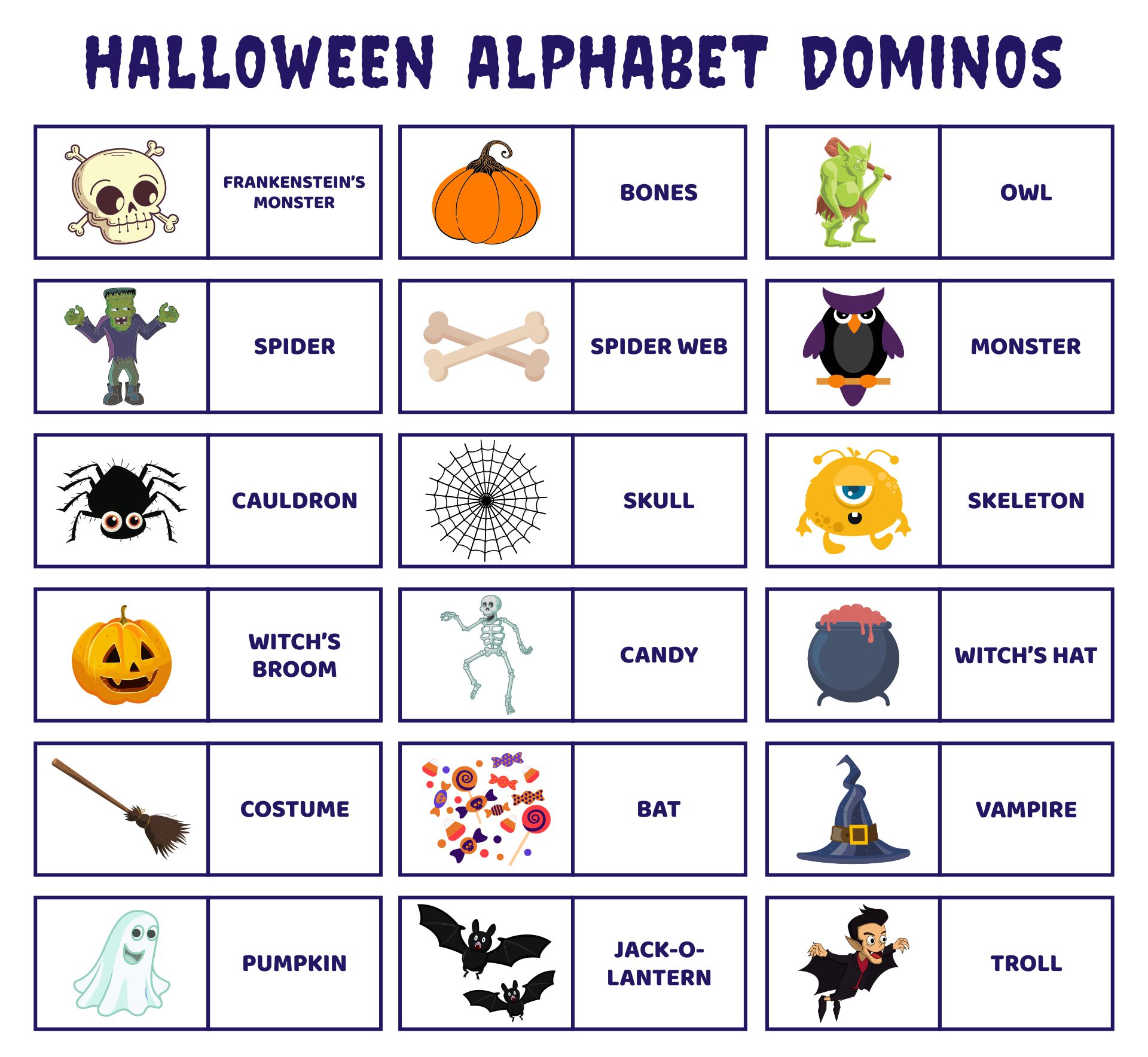 Printable Halloween Alphabet Dominos Card