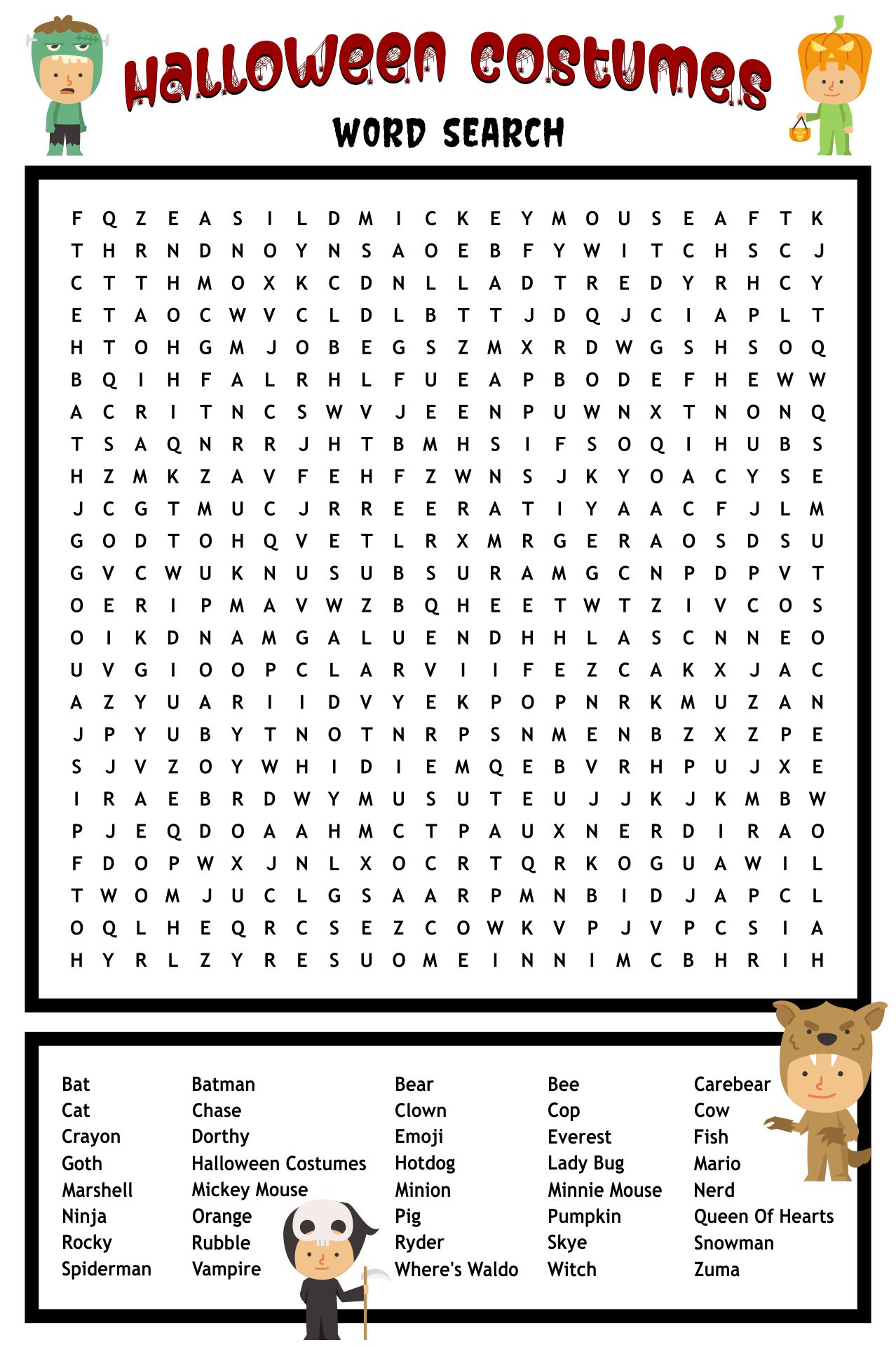 Printable Halloween Costumes Word Search Puzzles