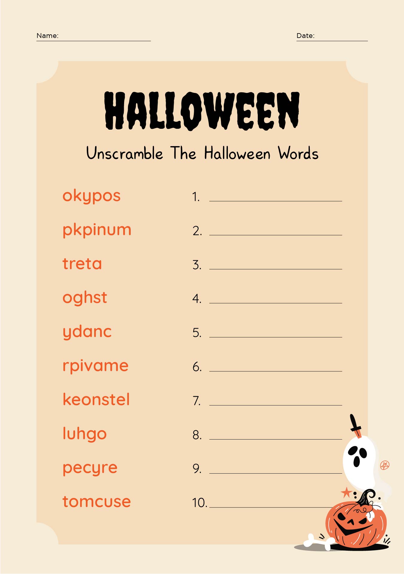 Printable Halloween Spelling Word Scramble Game