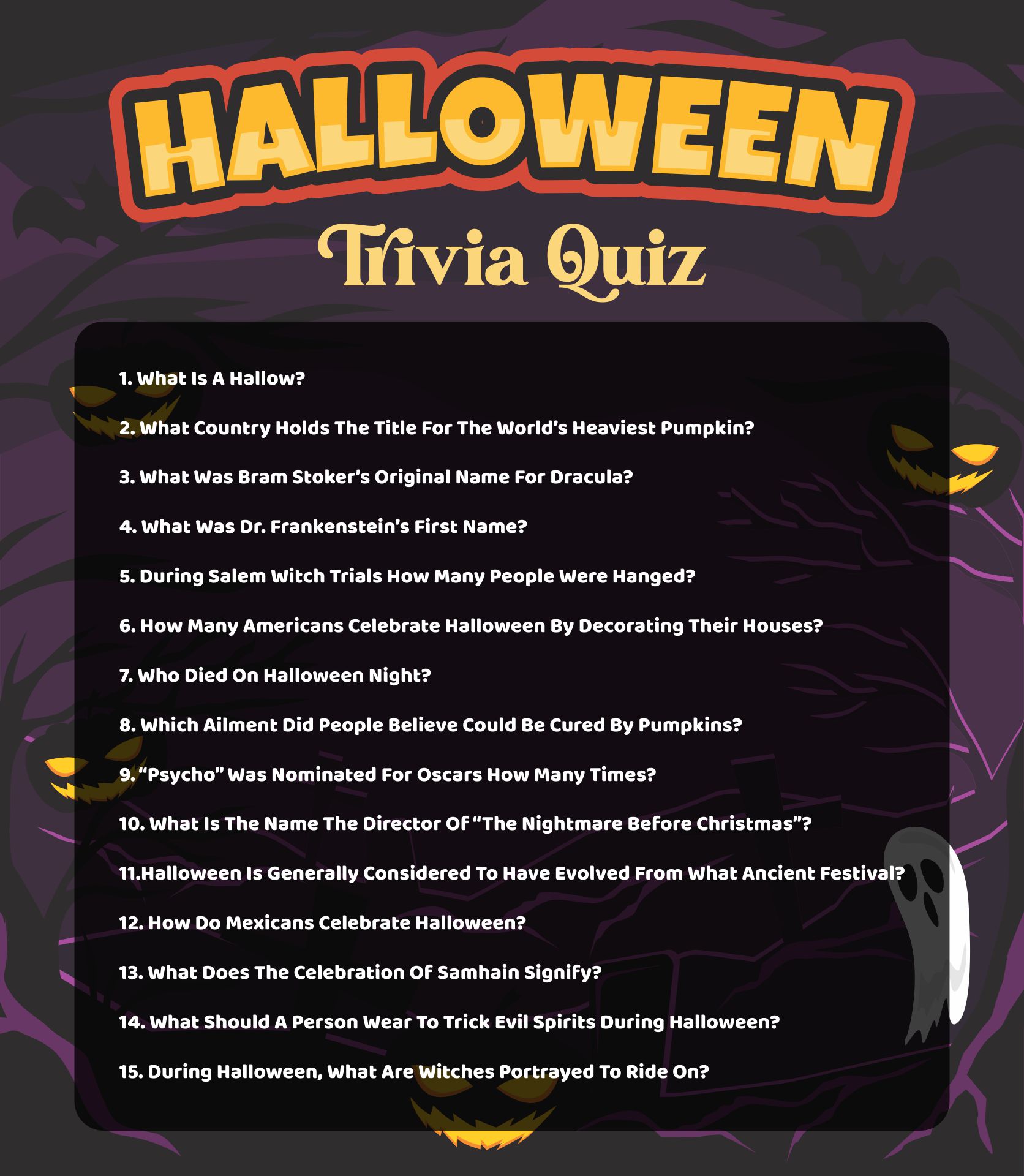 Printable Halloween Trivia Quiz For Adults