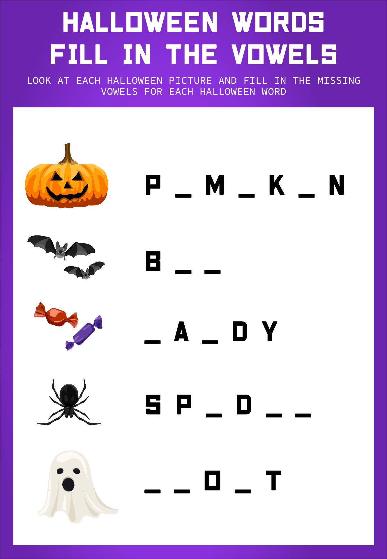 Printable Halloween Words Fill In The Missing Letters Worksheet