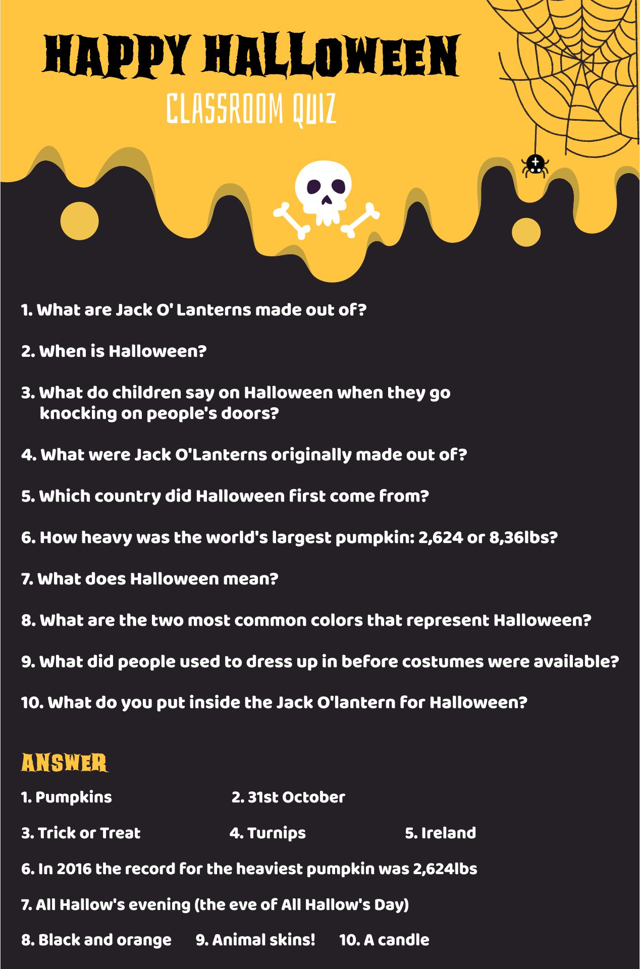 Printable Happy Halloween Classroom Quiz