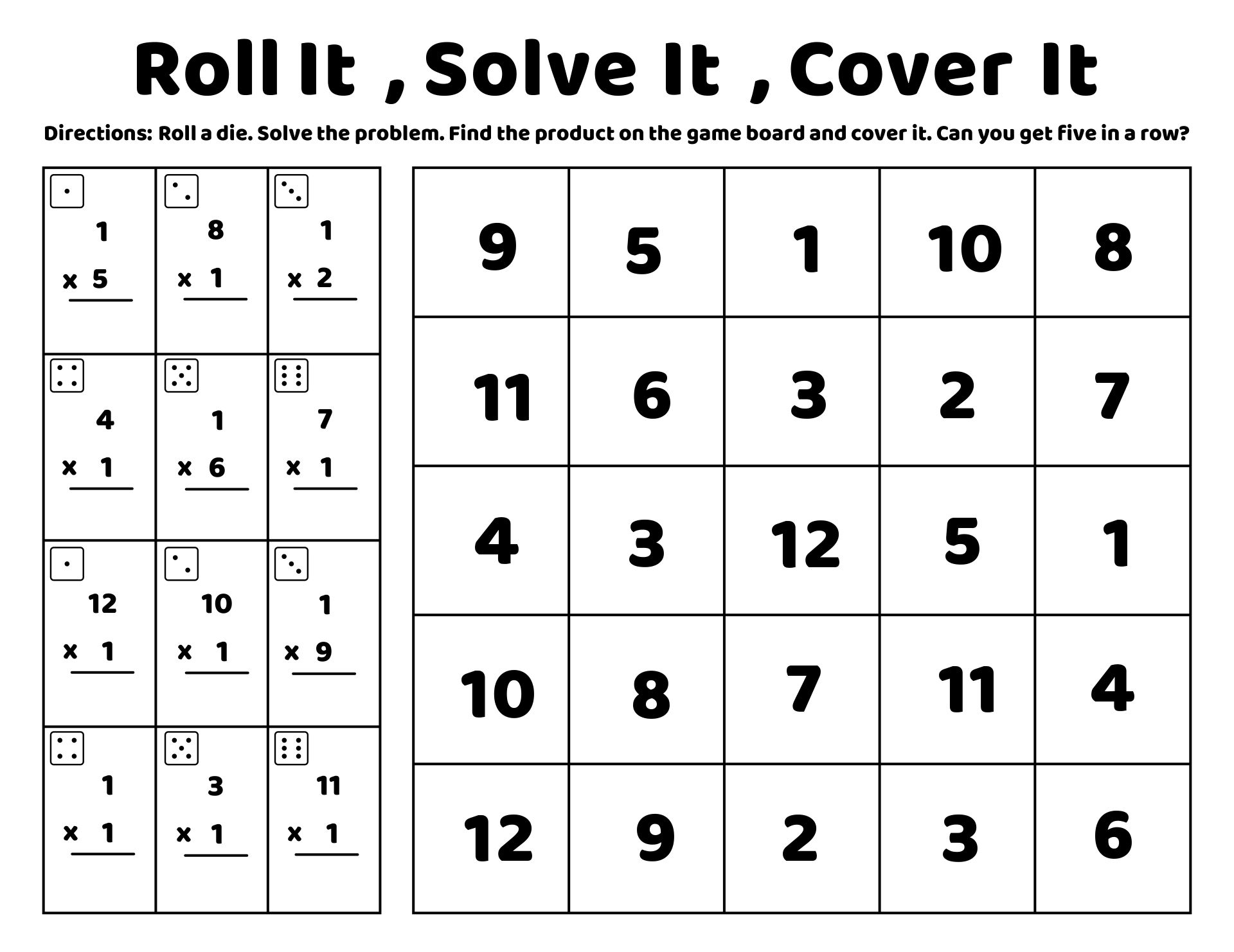 Printable No Prep Multiplication Games Roll & Cover