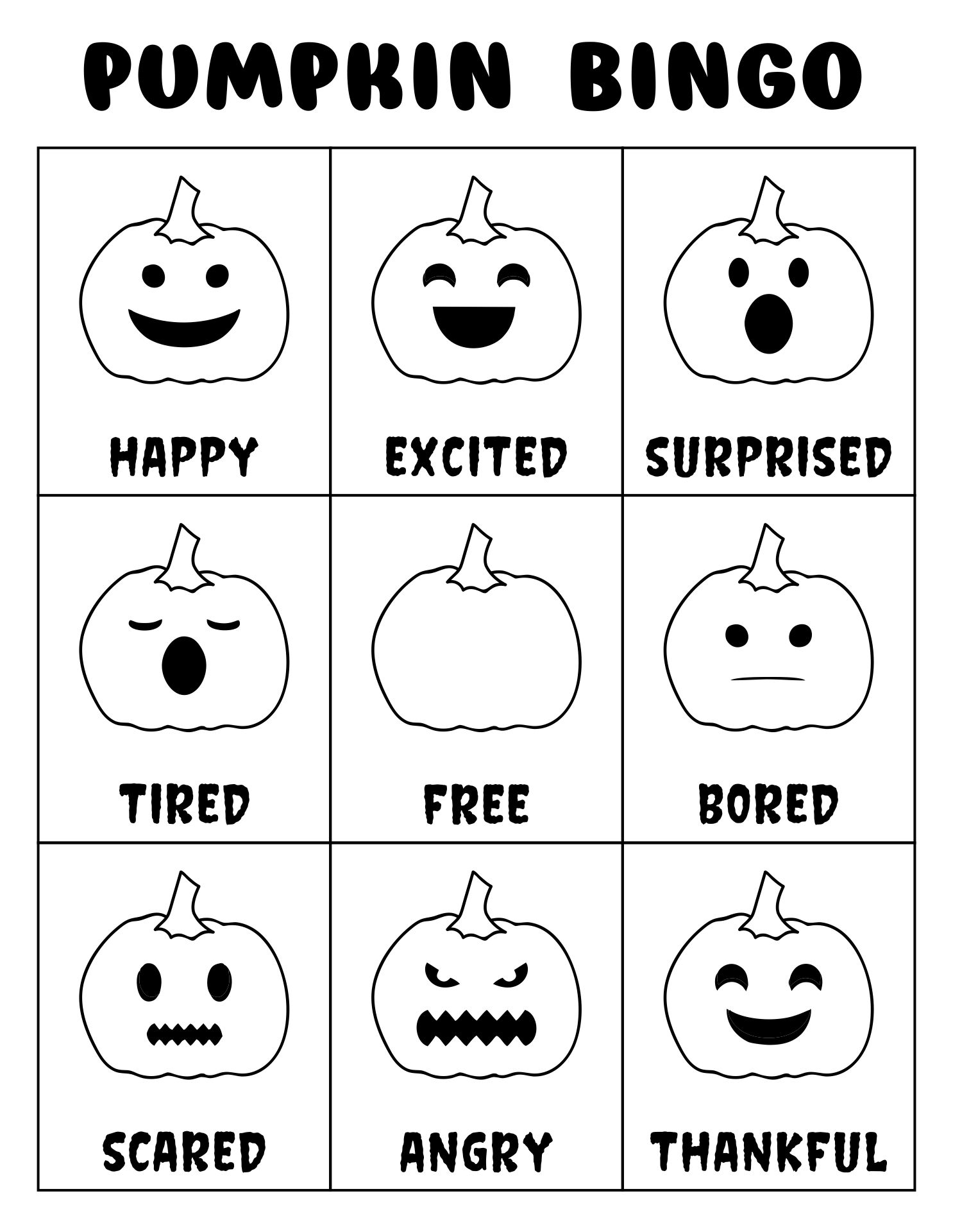 Printable Pumpkin Emotion Words Halloween Bingo Activity For Preschool