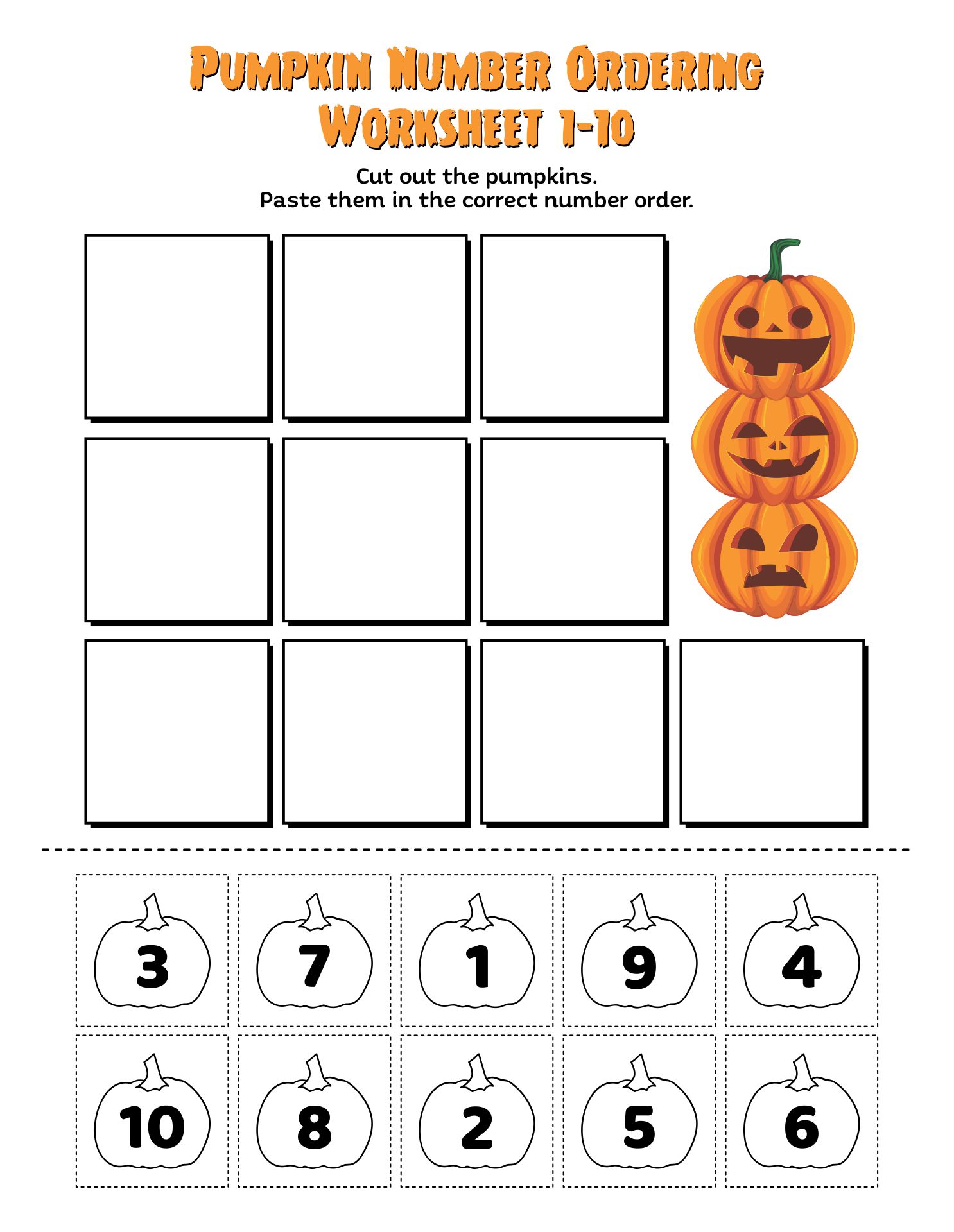 Printable Pumpkin Number Ordering Worksheet 1-10