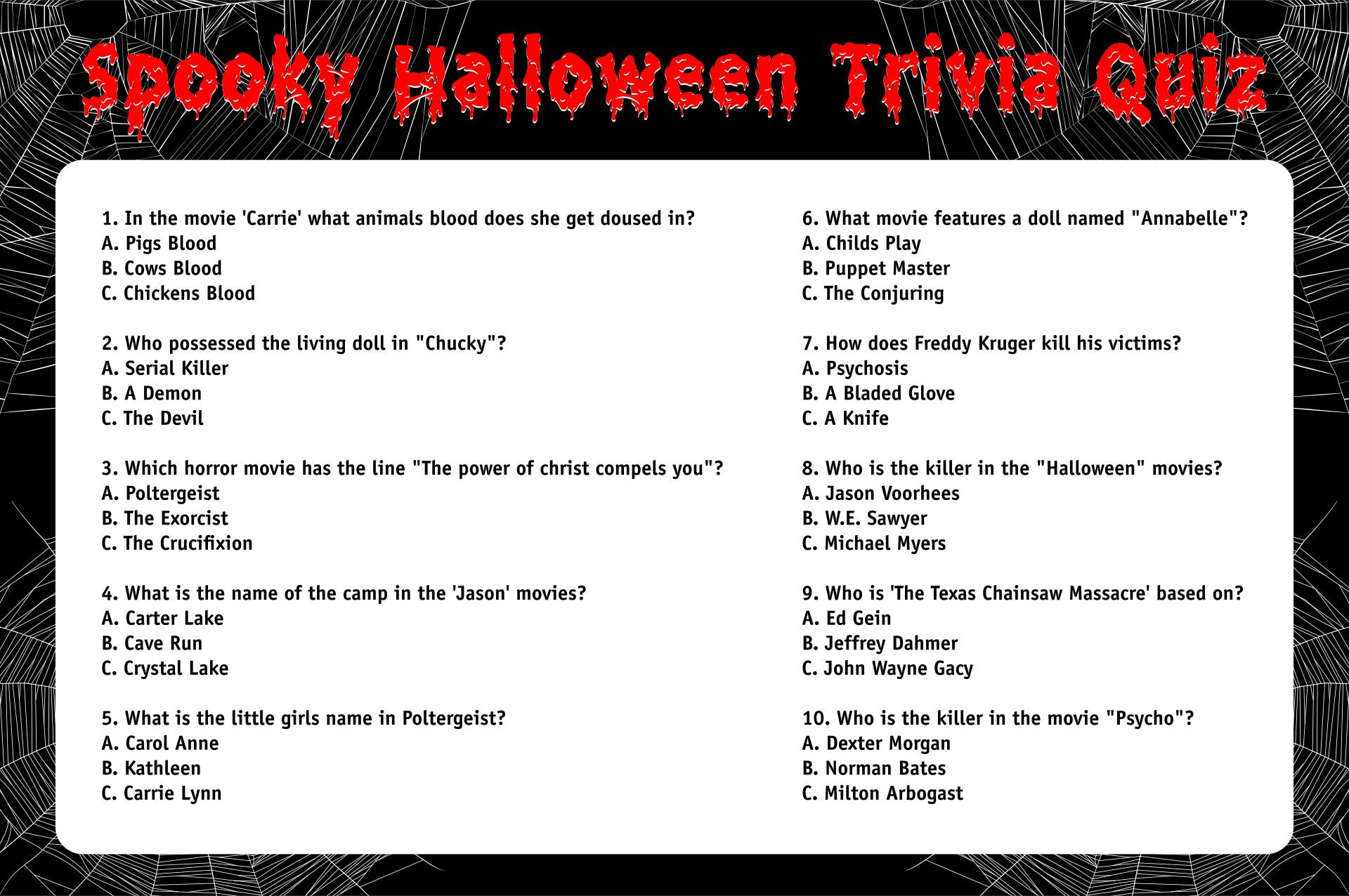Printable Spooky Halloween Trivia Quiz