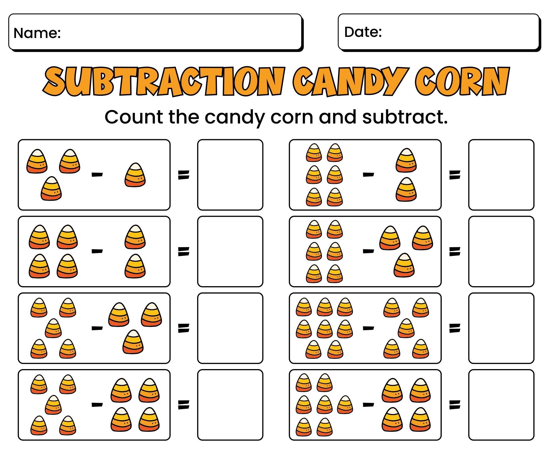 Printable Subtraction Candy Corn Activities Halloween Math Games